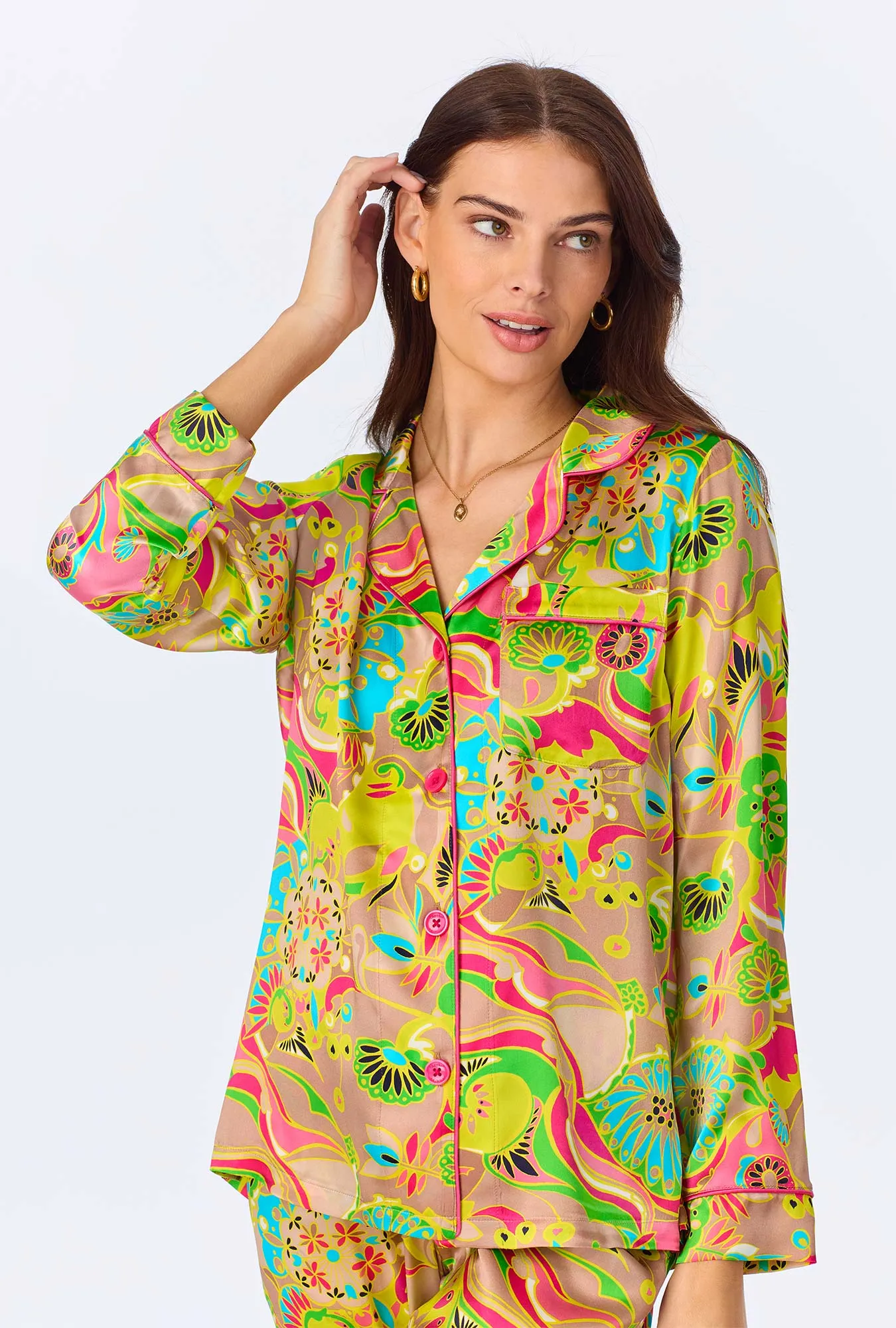 BedHead x Trina Turk Heritage Long Sleeve Classic Woven Washable Silk Satin PJ Set sold by BedHead product image thumbnail 4