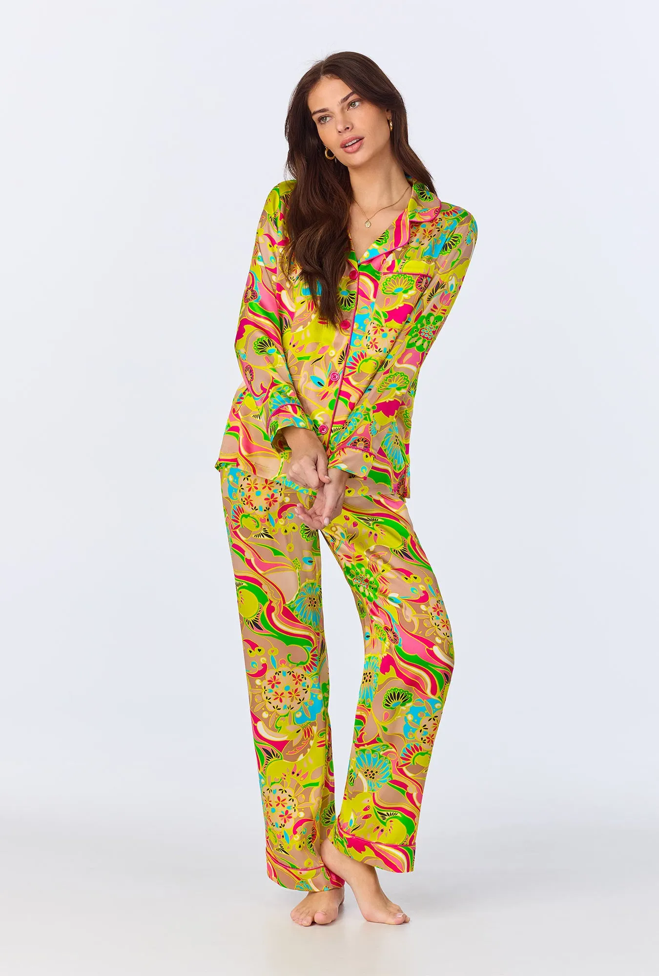 BedHead x Trina Turk Heritage Long Sleeve Classic Woven Washable Silk Satin PJ Set sold by BedHead