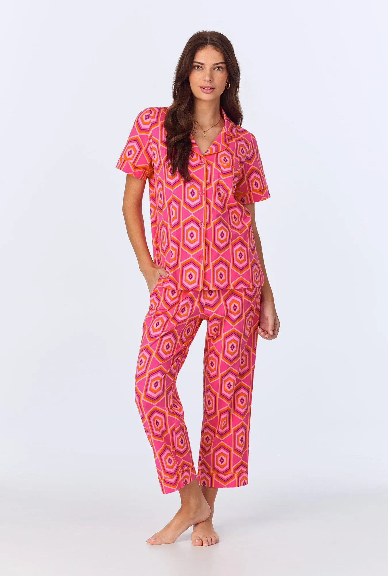 BedHead x Trina Turk Multi Hexagon Short Sleeve Classic Stretch Jersey Cropped PJ Set sold by BedHead