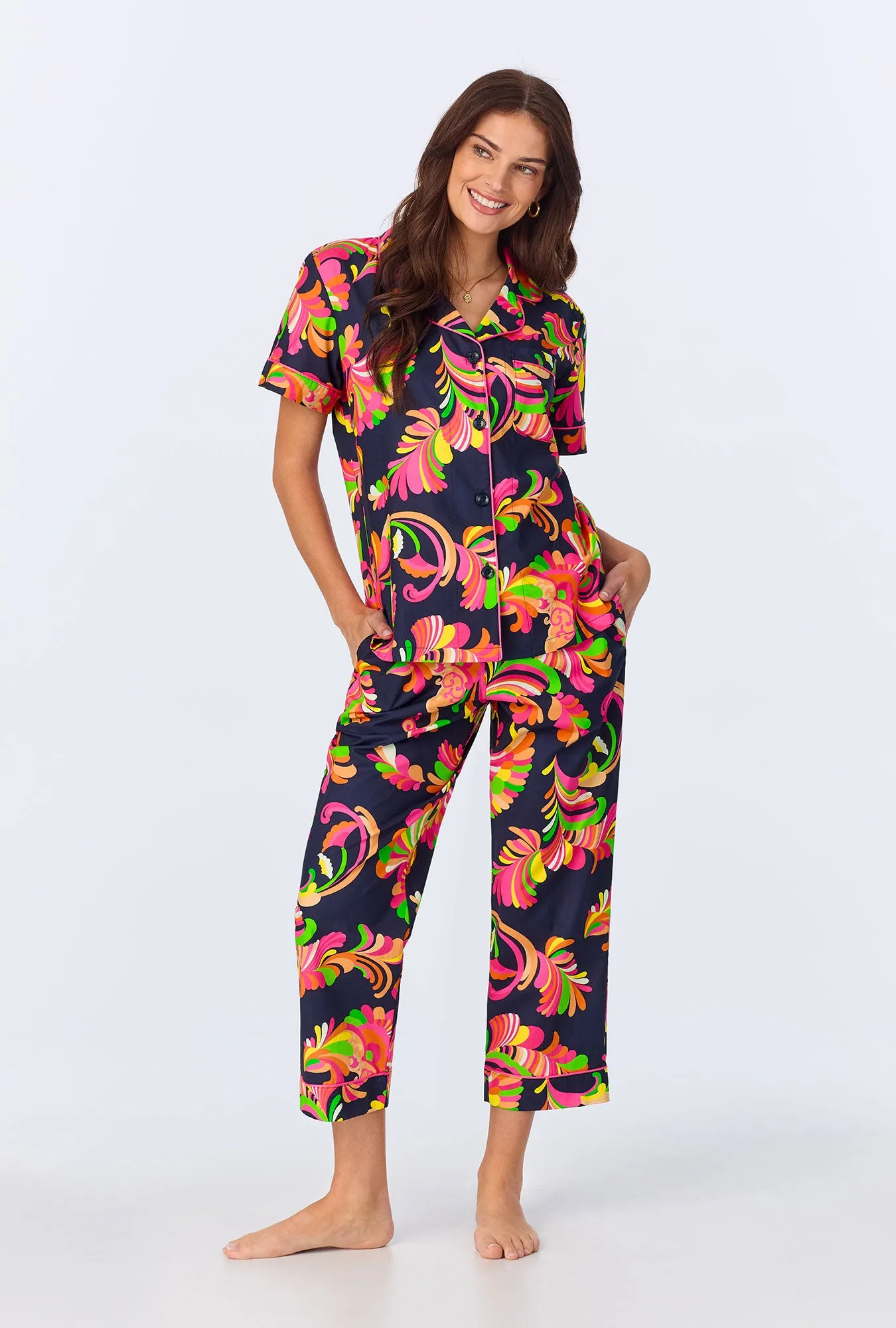 BedHead x Trina Turk Theodora Short Sleeve Classic Woven Cotton Poplin Cropped PJ Set sold by BedHead