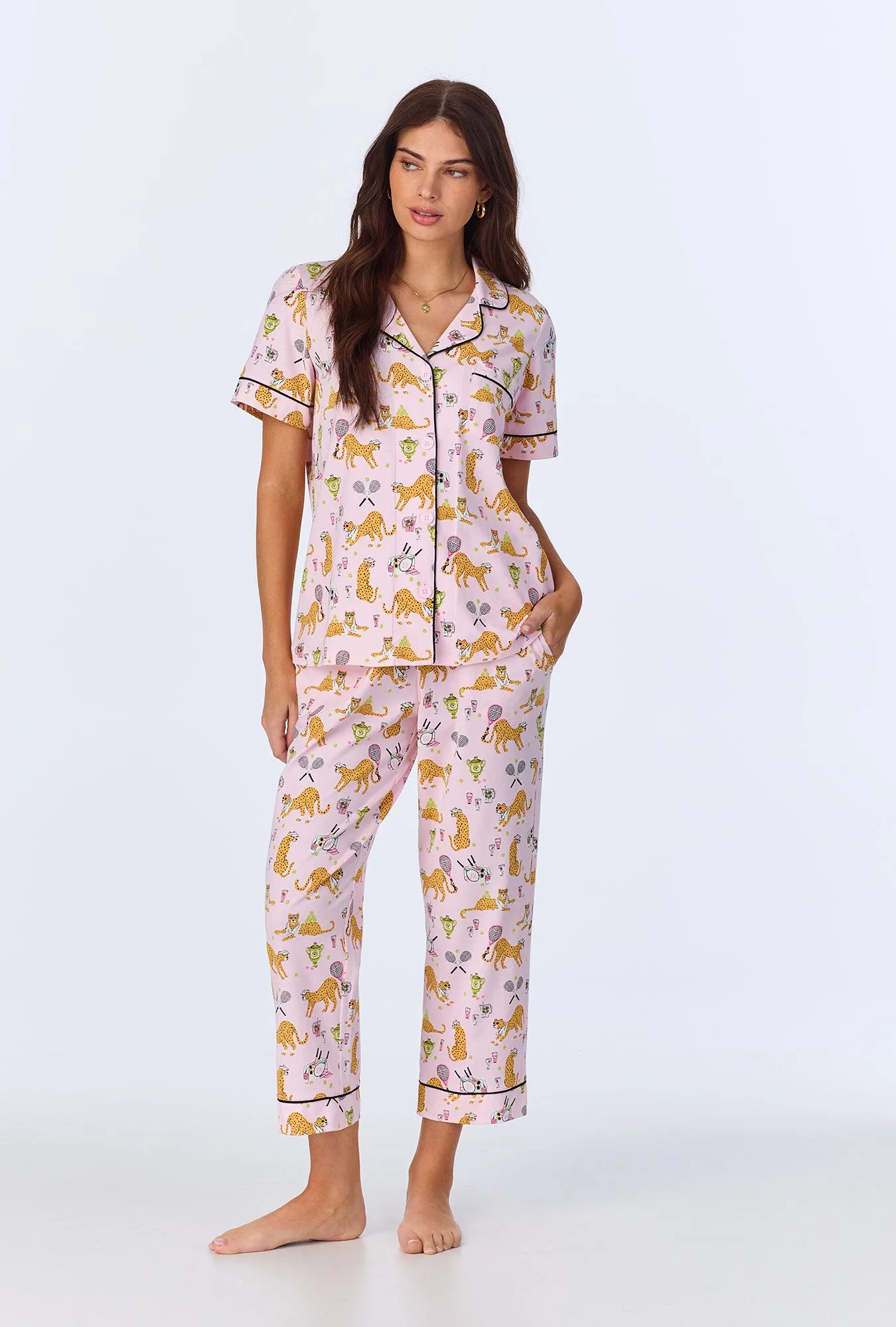 Tennis Cheetahs Short Sleeve Classic Stretch Jersey Cropped PJ Set sold by BedHead
