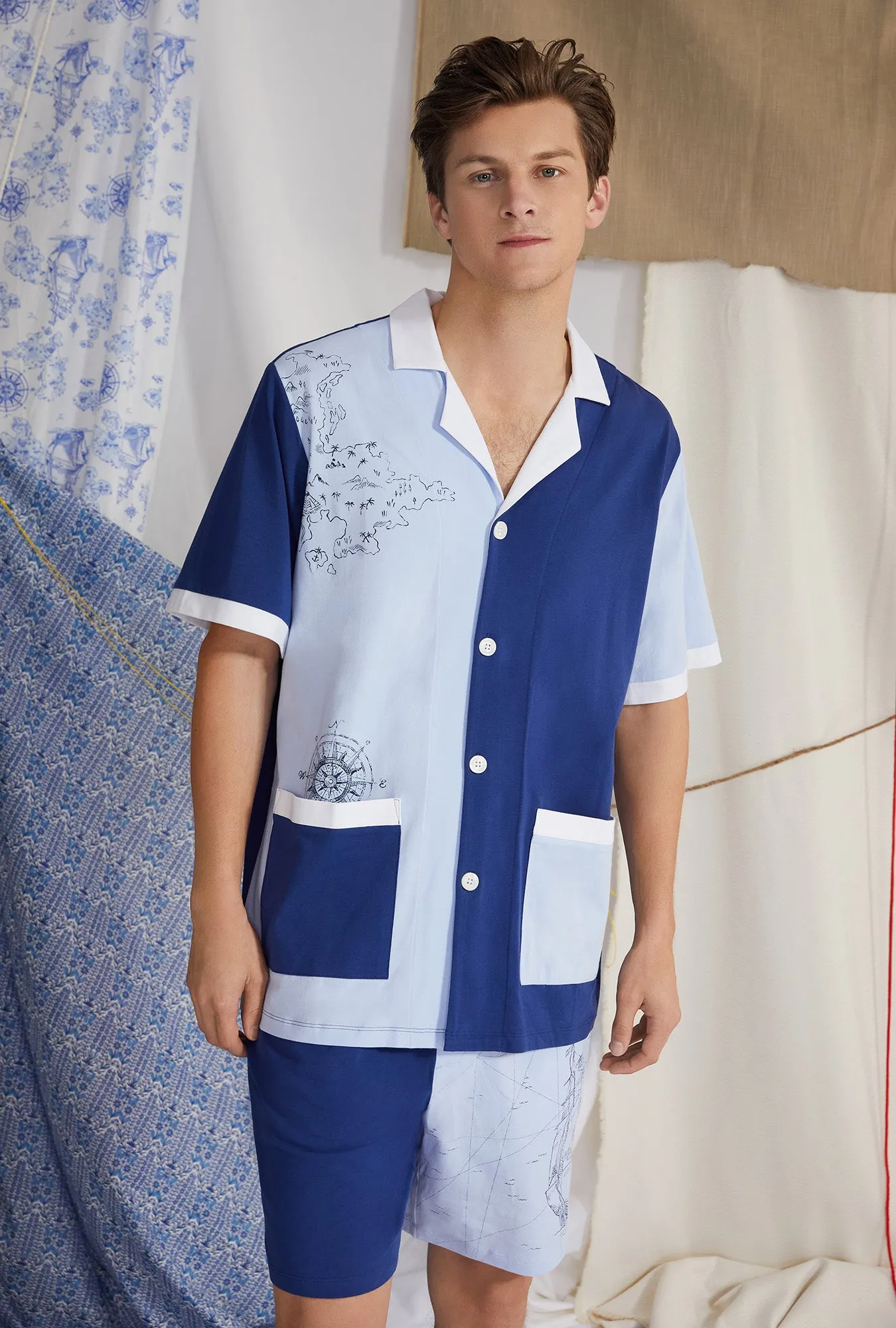 Rhodonite Navy Men's Short Sleeve Notch Stretch Jersey Boxer PJ Set sold by BedHead product image thumbnail 4