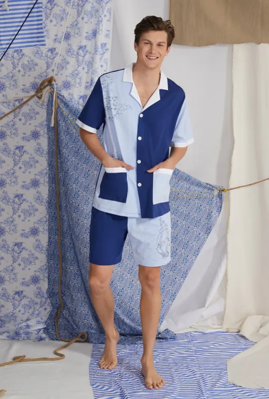 Rhodonite Navy Men's Short Sleeve Notch Stretch Jersey Boxer PJ Set sold by BedHead