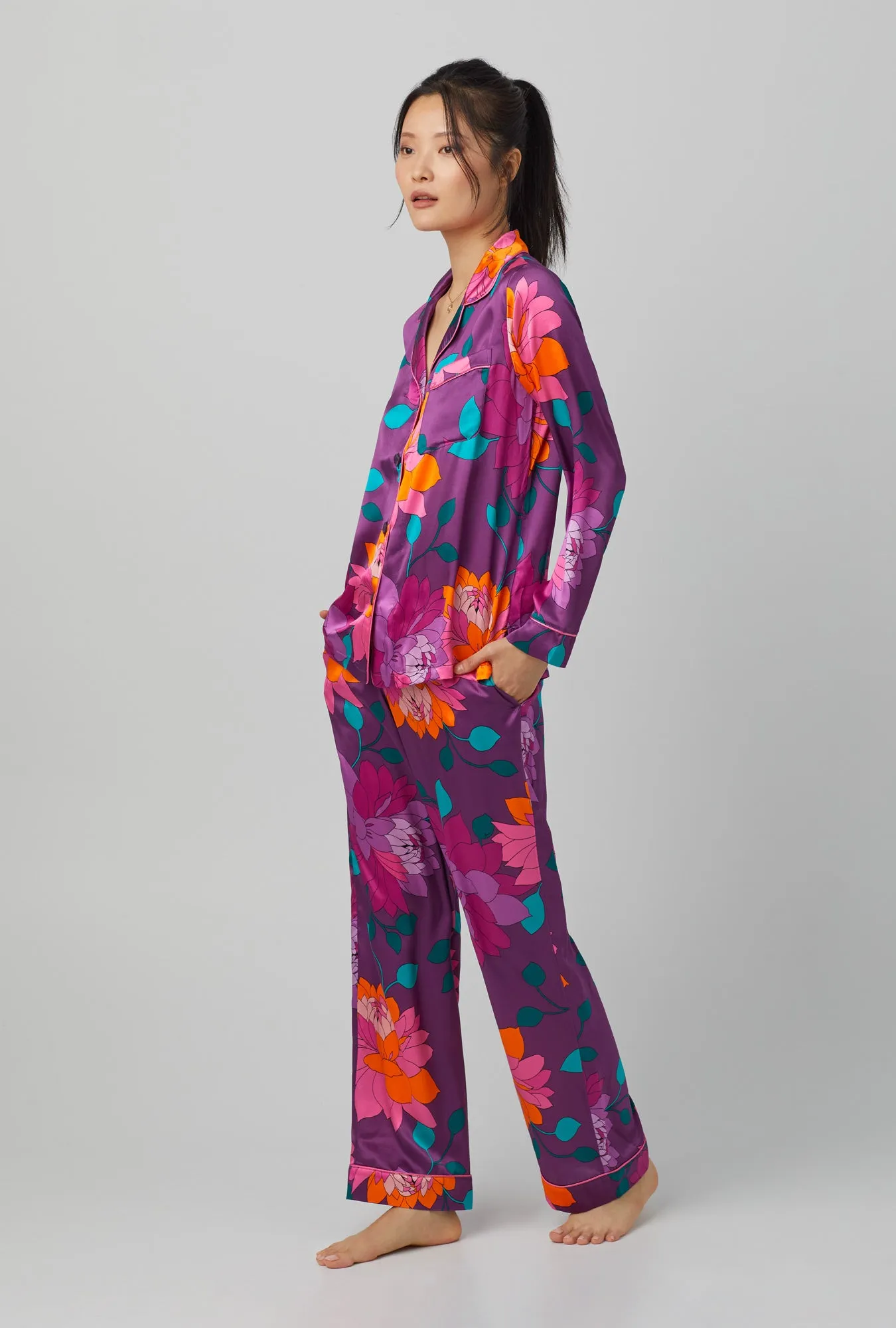 Bedhead x Trina Turk Evening Bloom Long Sleeve Classic Washable Silk PJ Set sold by BedHead product image thumbnail 3