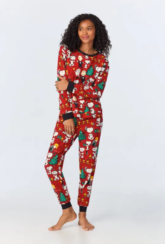 Peanuts Festive Fun Long Sleeve Pullover Crew and Jogger Stretch Jersey PJ Set sold by BedHead