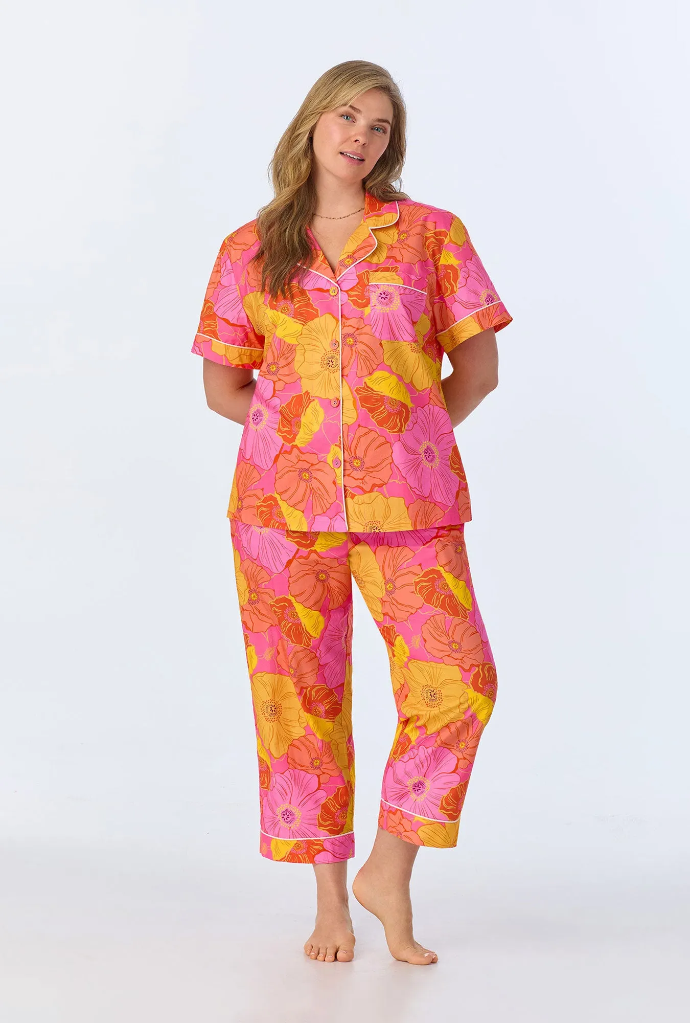 Sunkissed Poppies Short Sleeve Classic Woven Cotton Poplin Cropped PJ Set sold by BedHead product image thumbnail 5