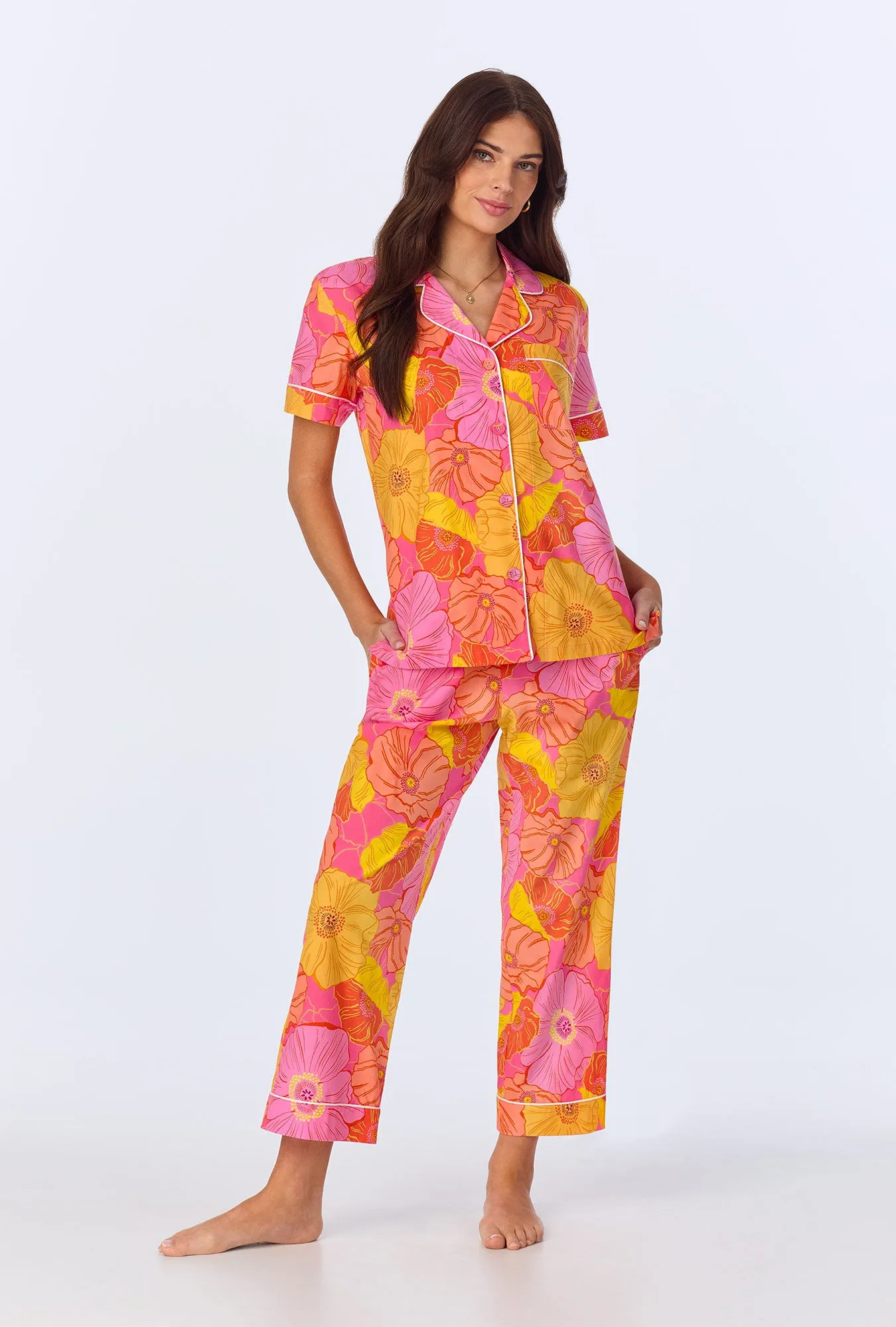 Sunkissed Poppies Short Sleeve Classic Woven Cotton Poplin Cropped PJ Set sold by BedHead