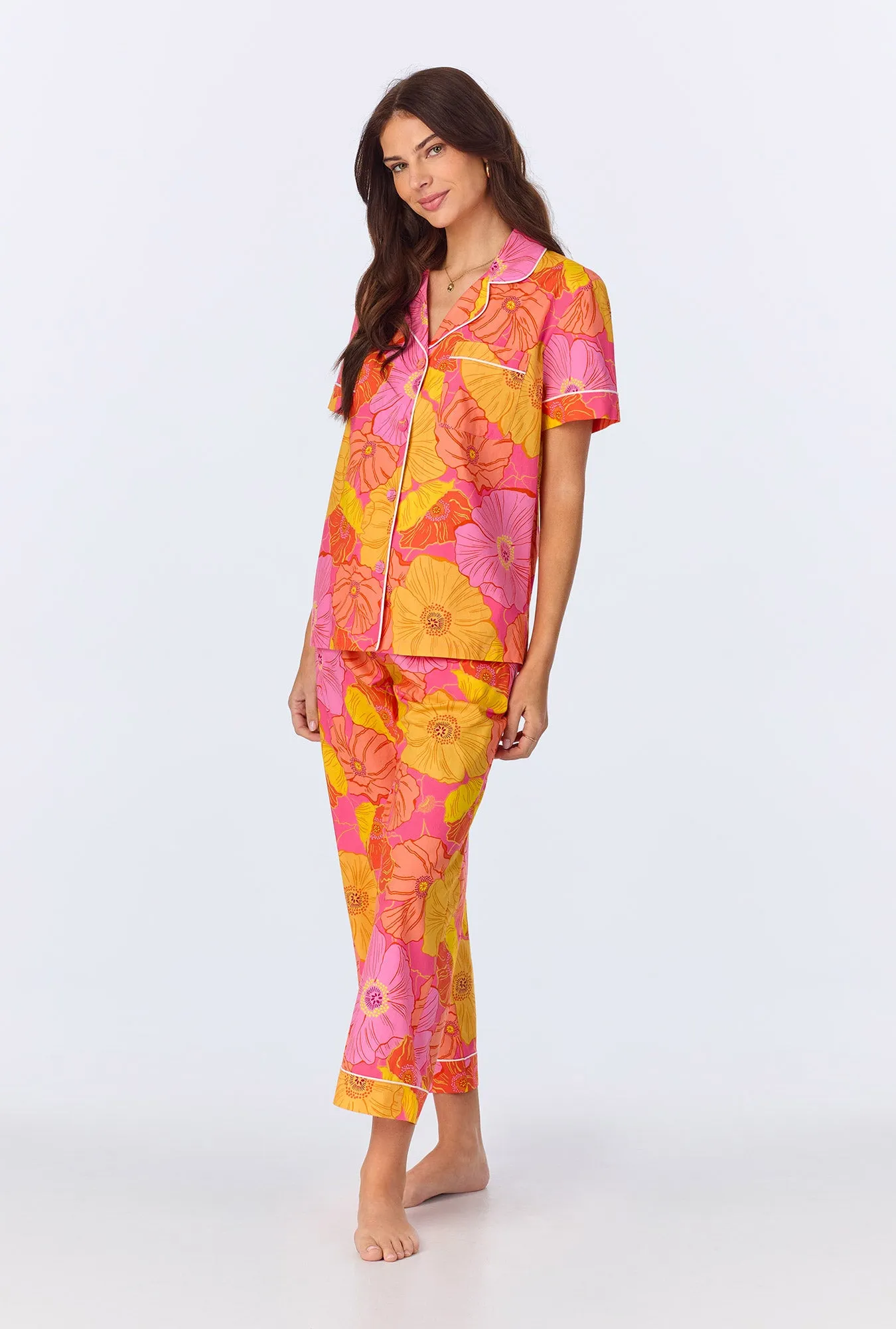 Sunkissed Poppies Short Sleeve Classic Woven Cotton Poplin Cropped PJ Set sold by BedHead product image thumbnail 2