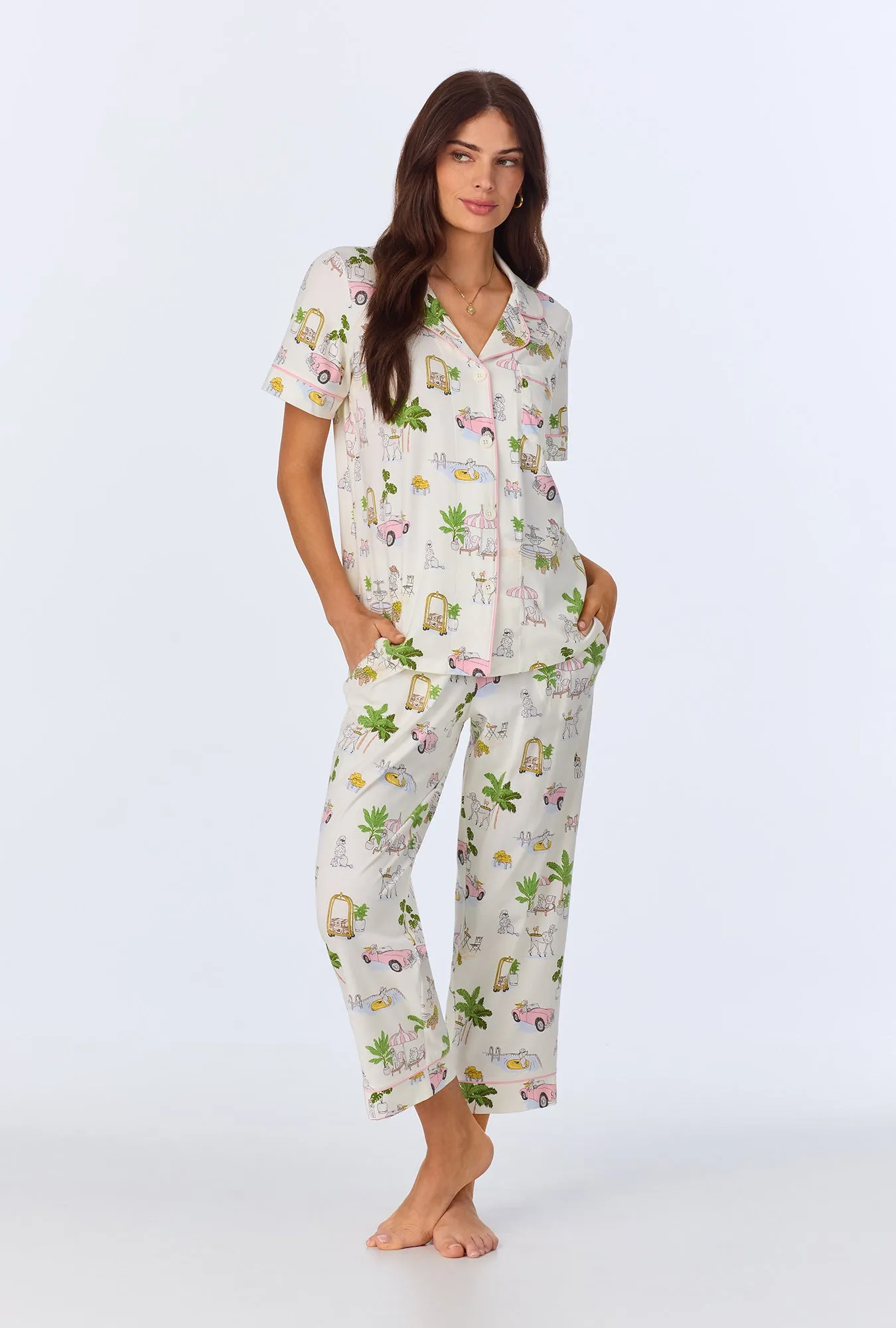 Poolside Poodles Short Sleeve Classic Stretch Jersey Cropped PJ Set sold by BedHead