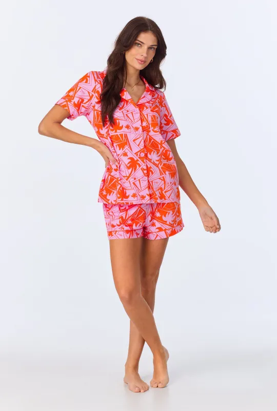 BedHead x Trina Turk Pink Tennis Court Sleeve Classic Shorty Stretch Jersey PJ Set sold by BedHead