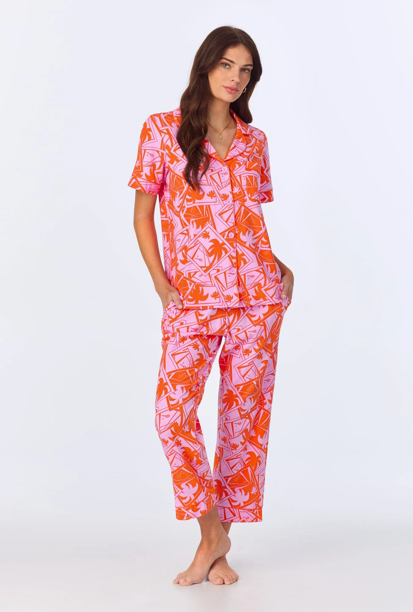 BedHead x Trina Turk Pink Tennis Court Short Sleeve Classic Stretch Jersey Cropped PJ Set sold by BedHead product image thumbnail 2