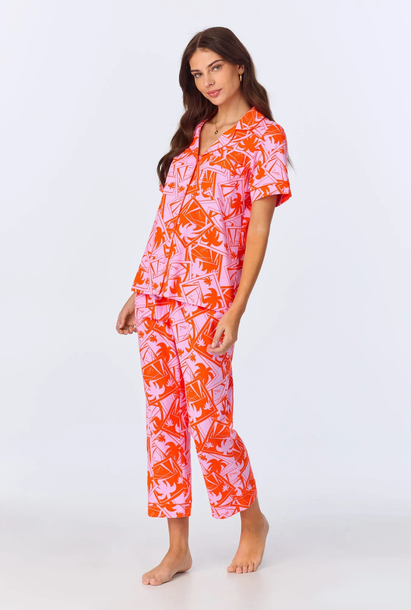 BedHead x Trina Turk Pink Tennis Court Short Sleeve Classic Stretch Jersey Cropped PJ Set sold by BedHead product image thumbnail 3