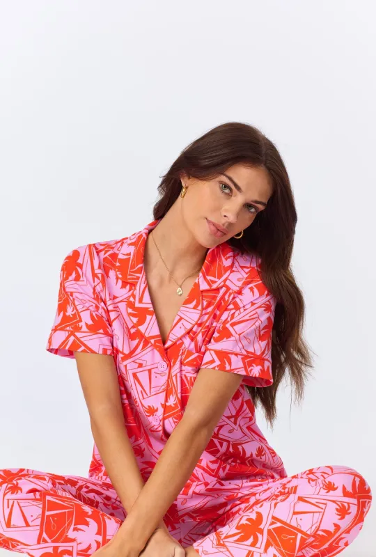 BedHead x Trina Turk Pink Tennis Court Short Sleeve Classic Stretch Jersey Cropped PJ Set sold by BedHead