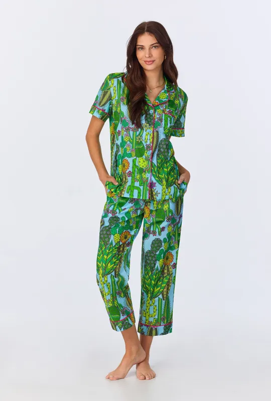 BedHead x Trina Turk Cactus Short Sleeve Classic Woven Cotton Poplin Cropped PJ Set sold by BedHead
