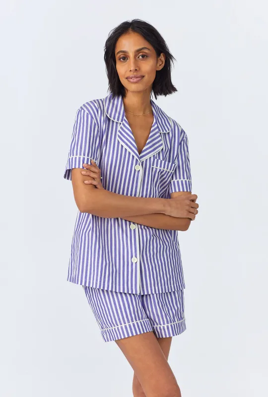 Navy 3D Stripe Short Sleeve Classic Woven Cotton Sateen Shorty PJ Set sold by BedHead