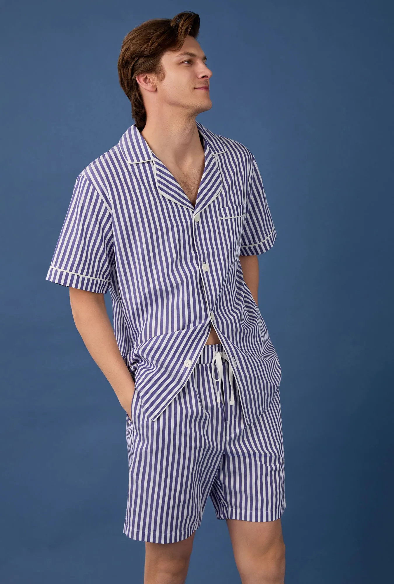 Navy 3D Stripe Men's Short Sleeve Notch Woven Cotton Sateen Boxer PJ Set sold by BedHead product image thumbnail 2