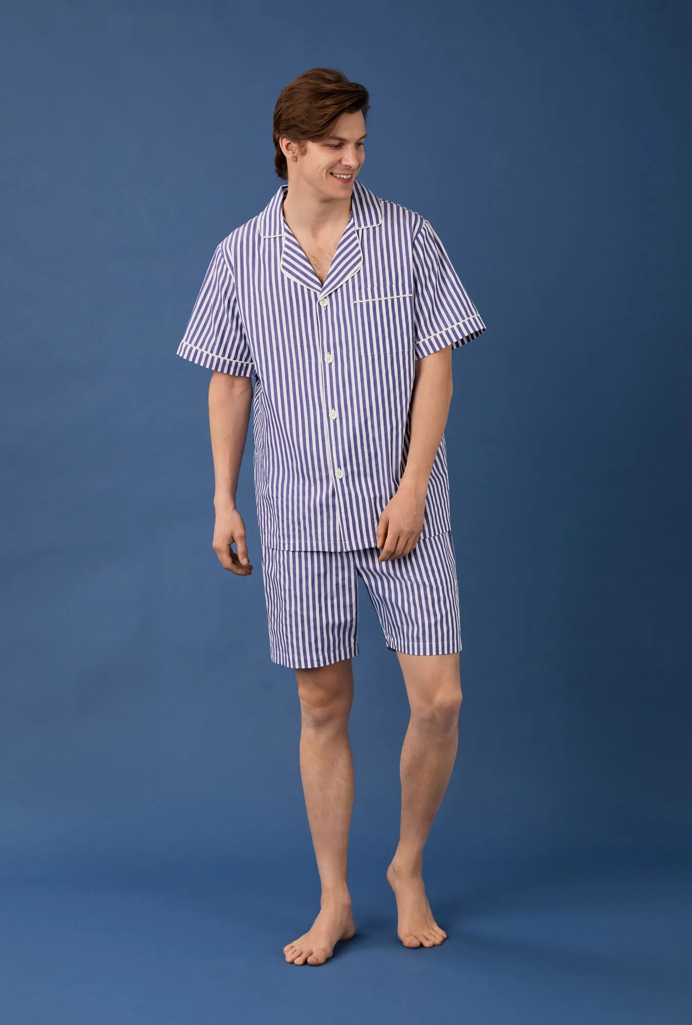 Navy 3D Stripe Men's Short Sleeve Notch Woven Cotton Sateen Boxer PJ Set sold by BedHead