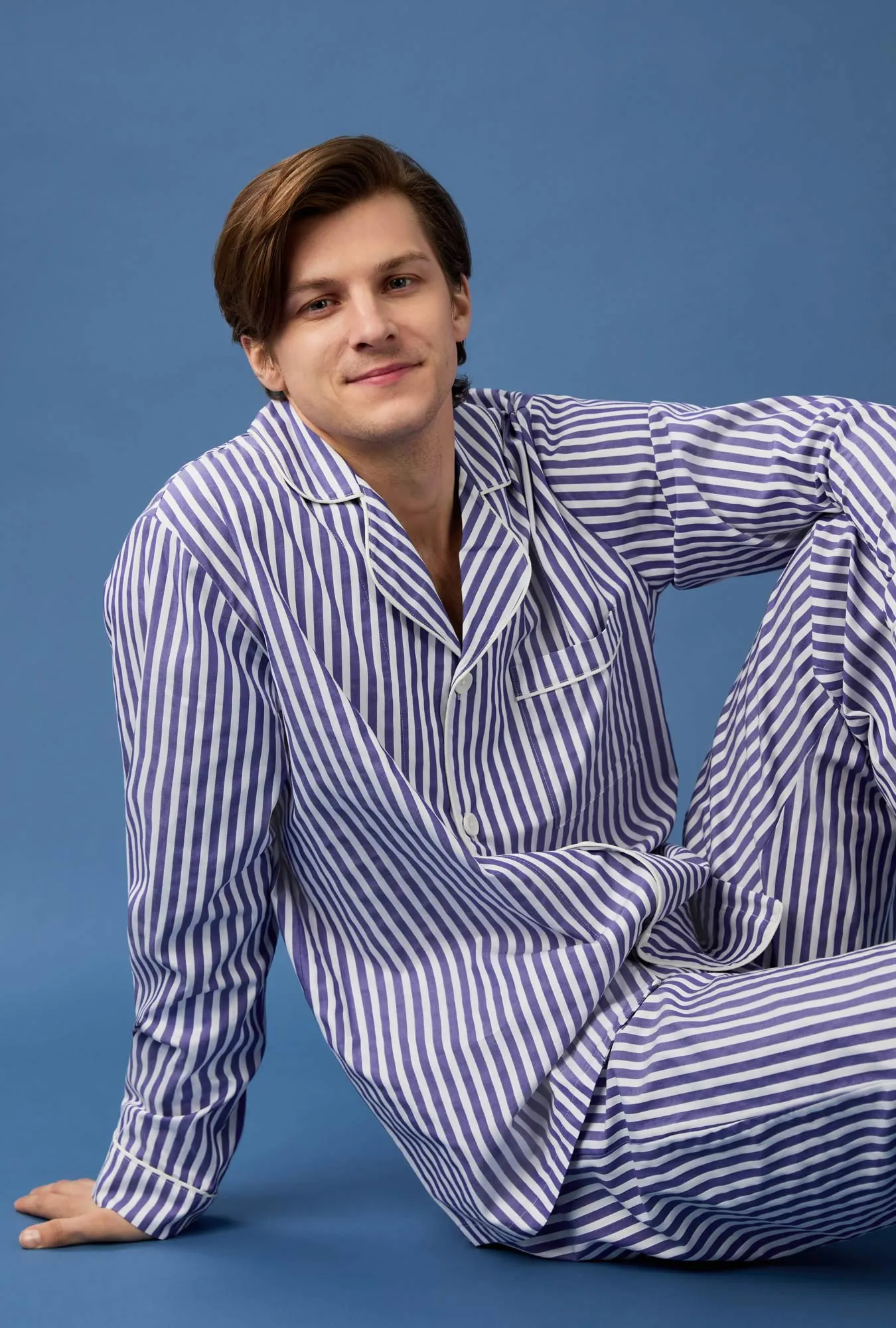 Navy 3D Stripe Men's Long Sleeve Notch Woven Cotton Sateen Long PJ Set sold by BedHead product image thumbnail 2