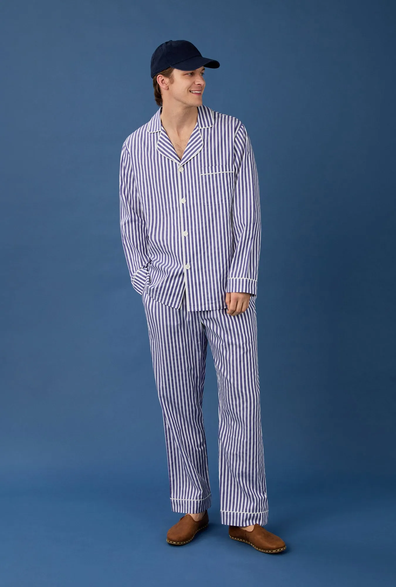 Navy 3D Stripe Men's Long Sleeve Notch Woven Cotton Sateen Long PJ Set sold by BedHead
