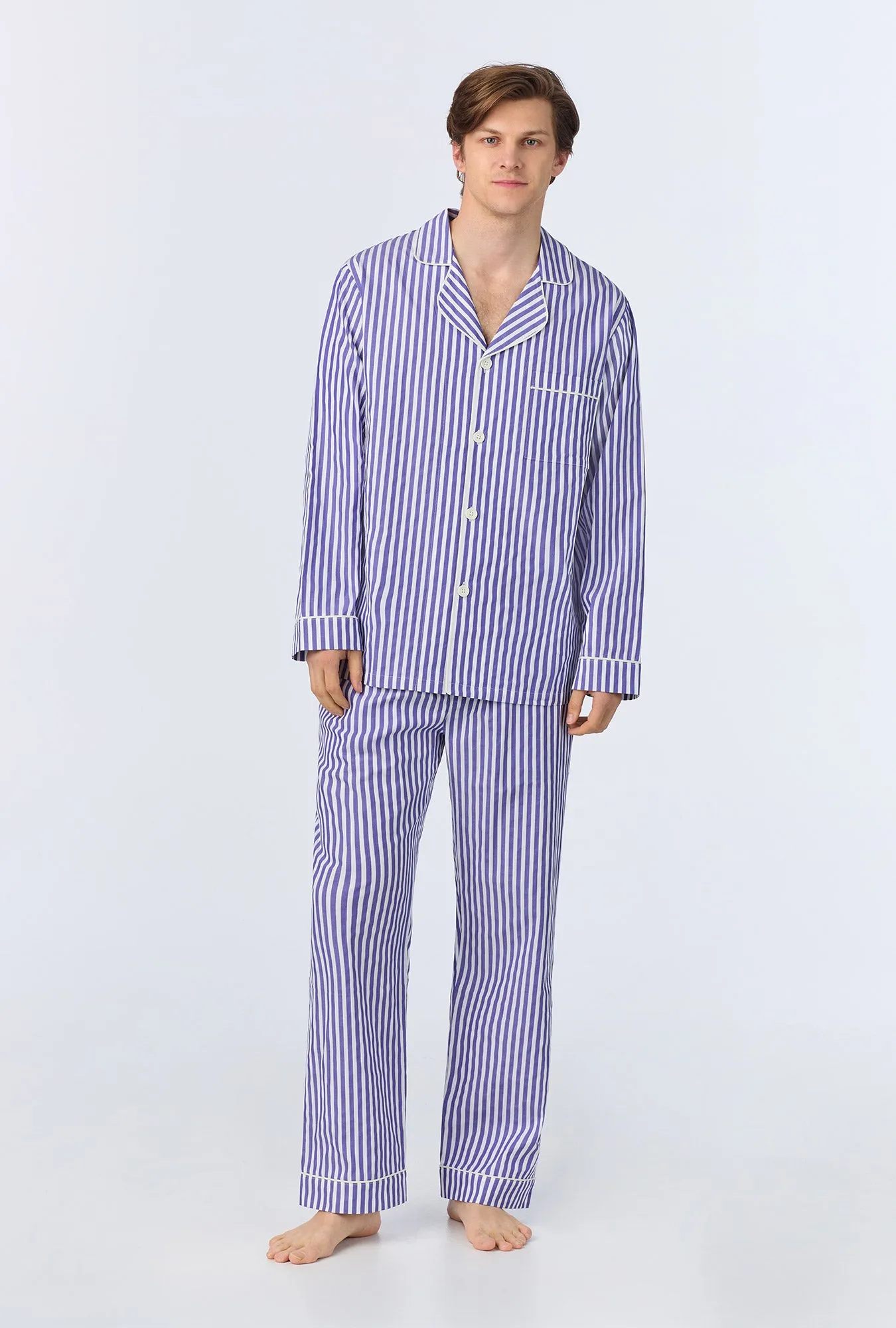 Navy 3D Stripe Men's Long Sleeve Notch Woven Cotton Sateen Long PJ Set sold by BedHead product image thumbnail 3