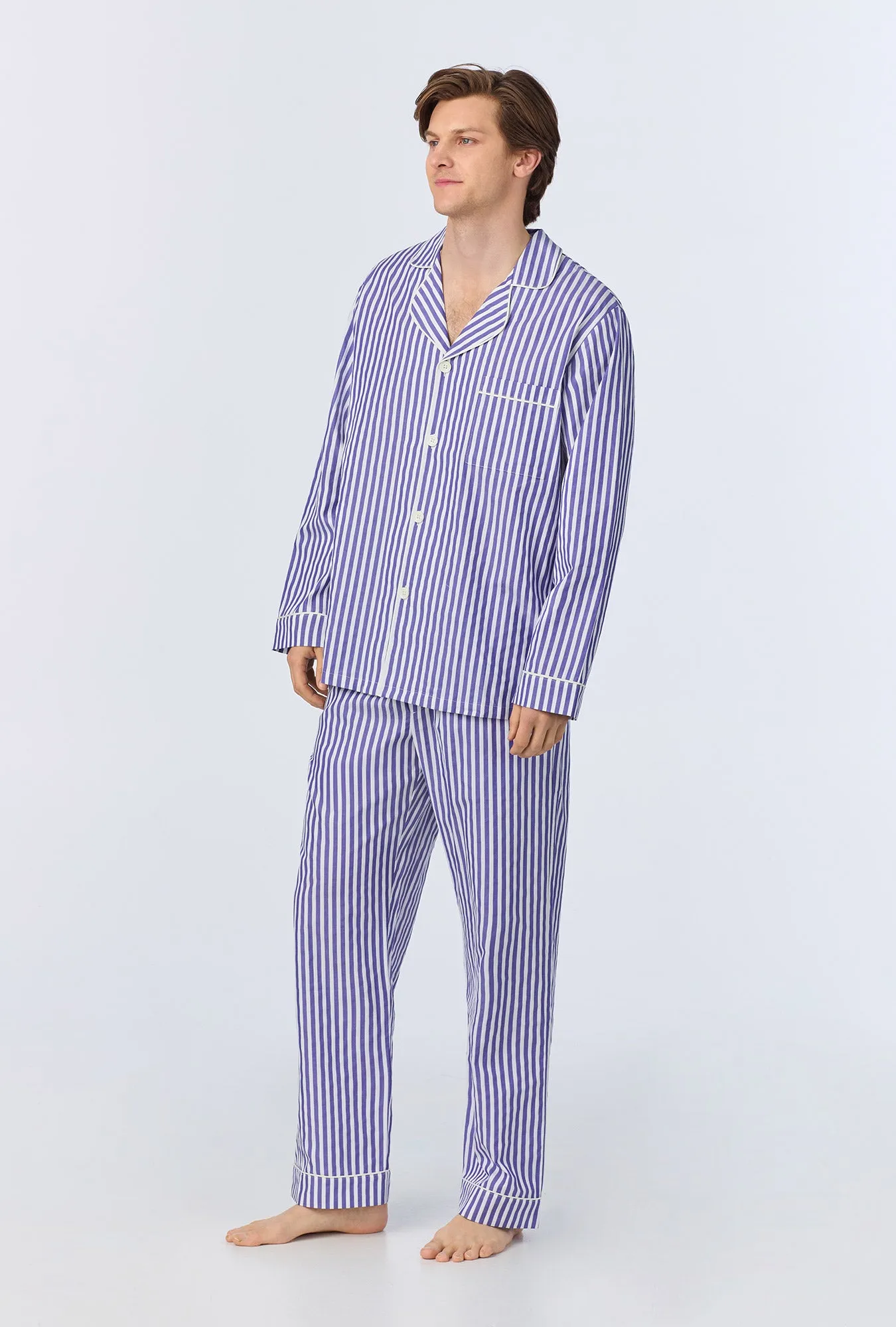 Navy 3D Stripe Men's Long Sleeve Notch Woven Cotton Sateen Long PJ Set sold by BedHead product image thumbnail 4