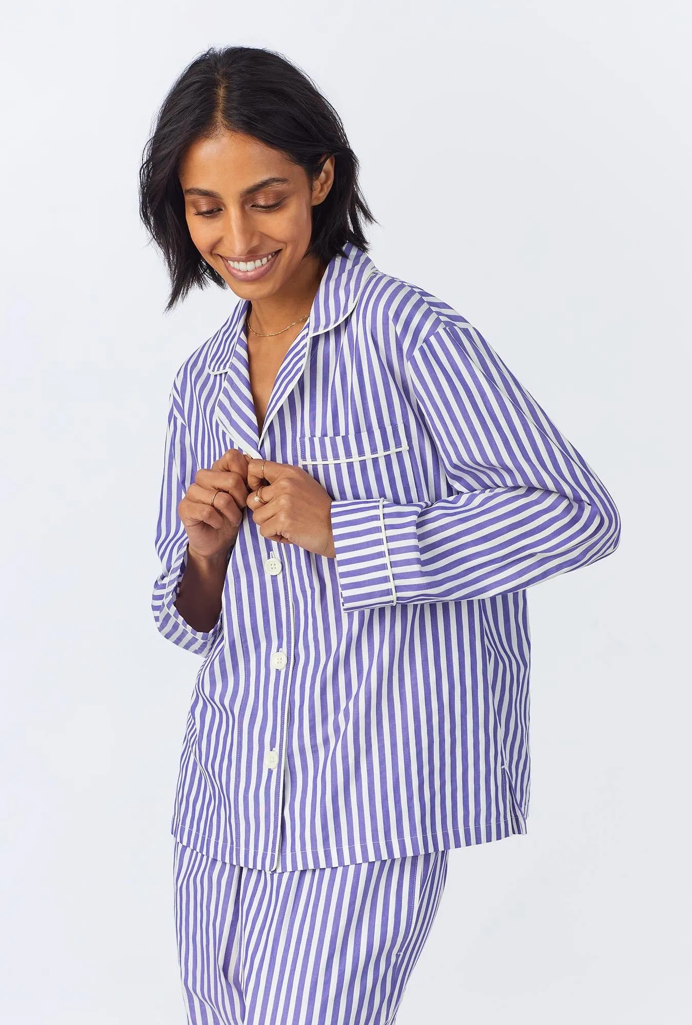 Navy 3D Stripe Long Sleeve Classic Woven Cotton Sateen Long PJ Set sold by BedHead product image thumbnail 4
