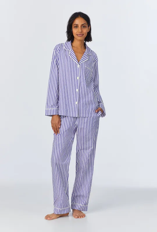 Navy 3D Stripe Long Sleeve Classic Woven Cotton Sateen Long PJ Set sold by BedHead