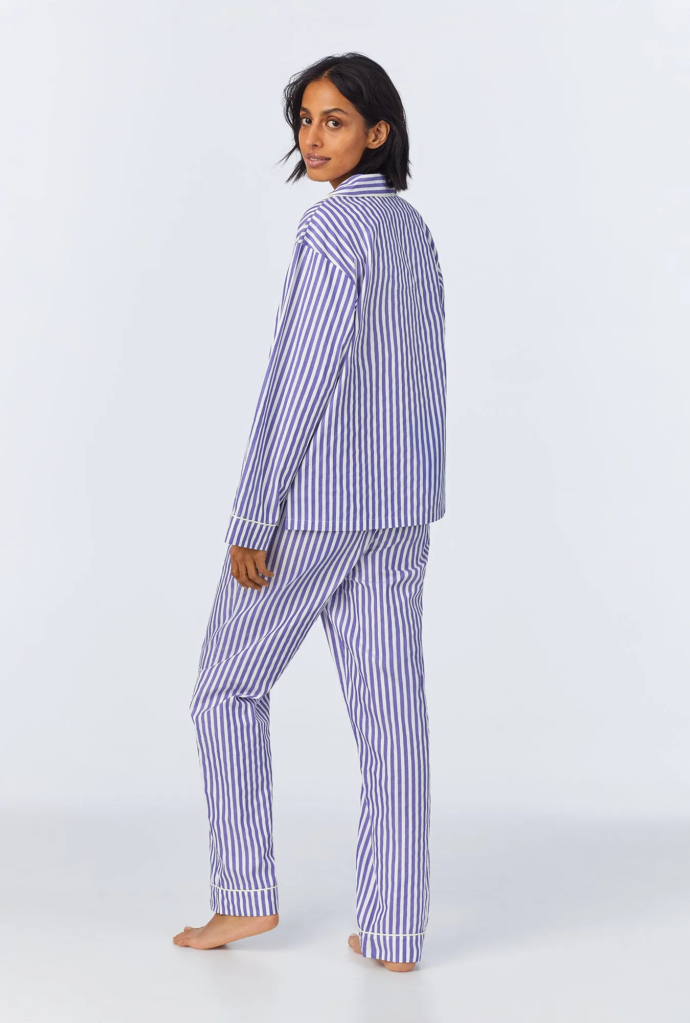 Navy 3D Stripe Long Sleeve Classic Woven Cotton Sateen Long PJ Set sold by BedHead product image thumbnail 3