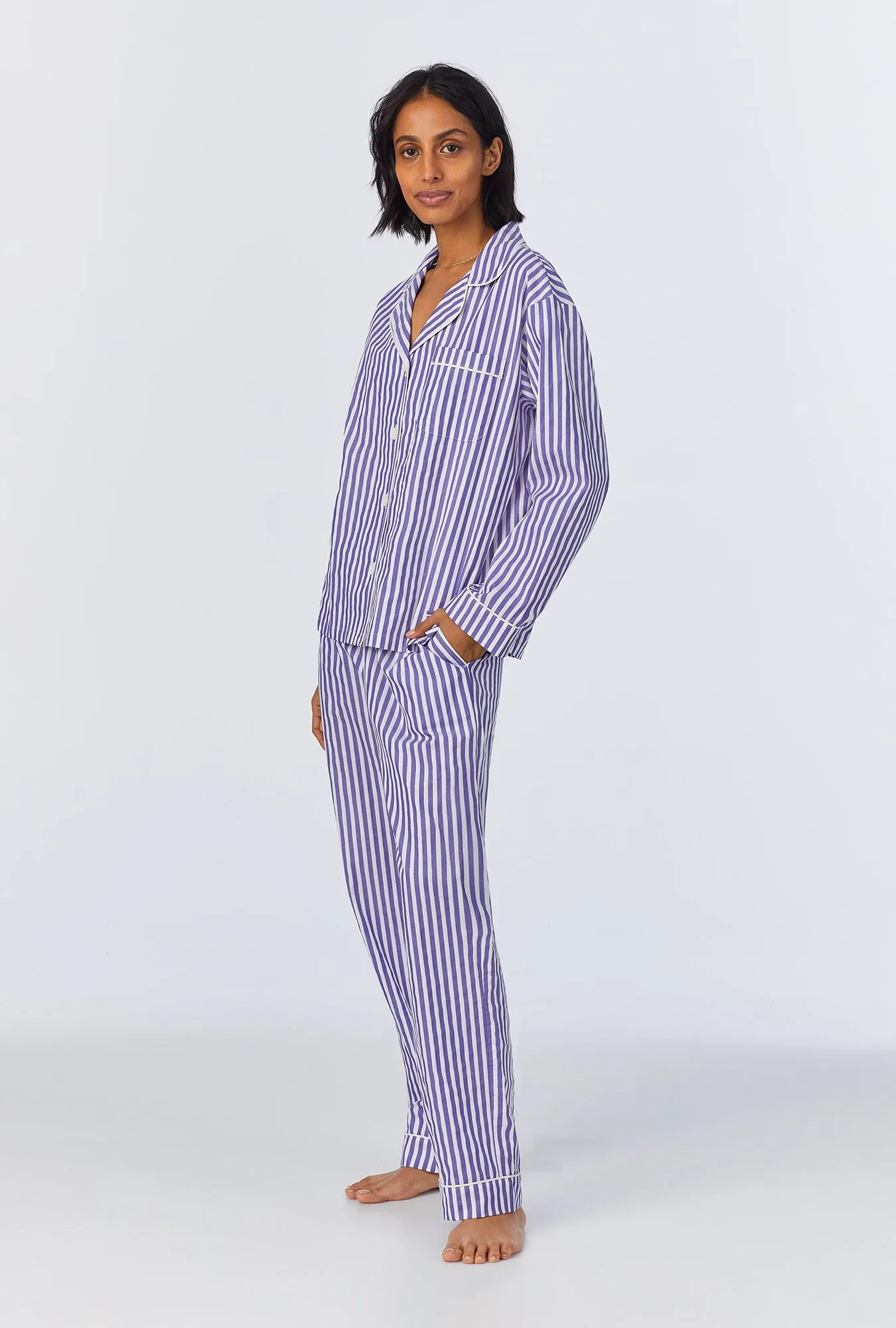Navy 3D Stripe Long Sleeve Classic Woven Cotton Sateen Long PJ Set sold by BedHead product image thumbnail 2