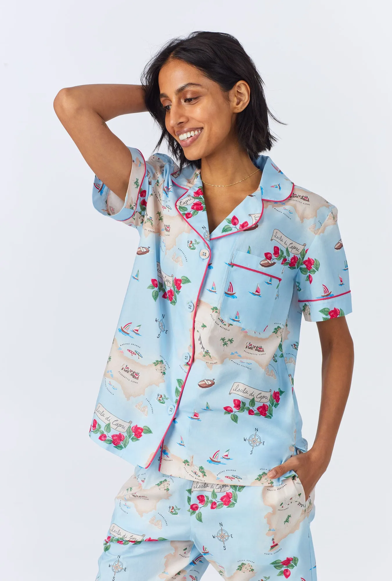 Ciao Capri Short Sleeve Classic Woven Cotton Poplin Cropped PJ Set sold by BedHead product image thumbnail 4