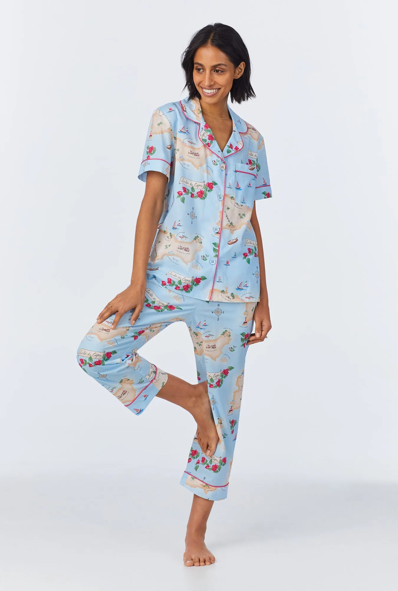 Ciao Capri Short Sleeve Classic Woven Cotton Poplin Cropped PJ Set sold by BedHead