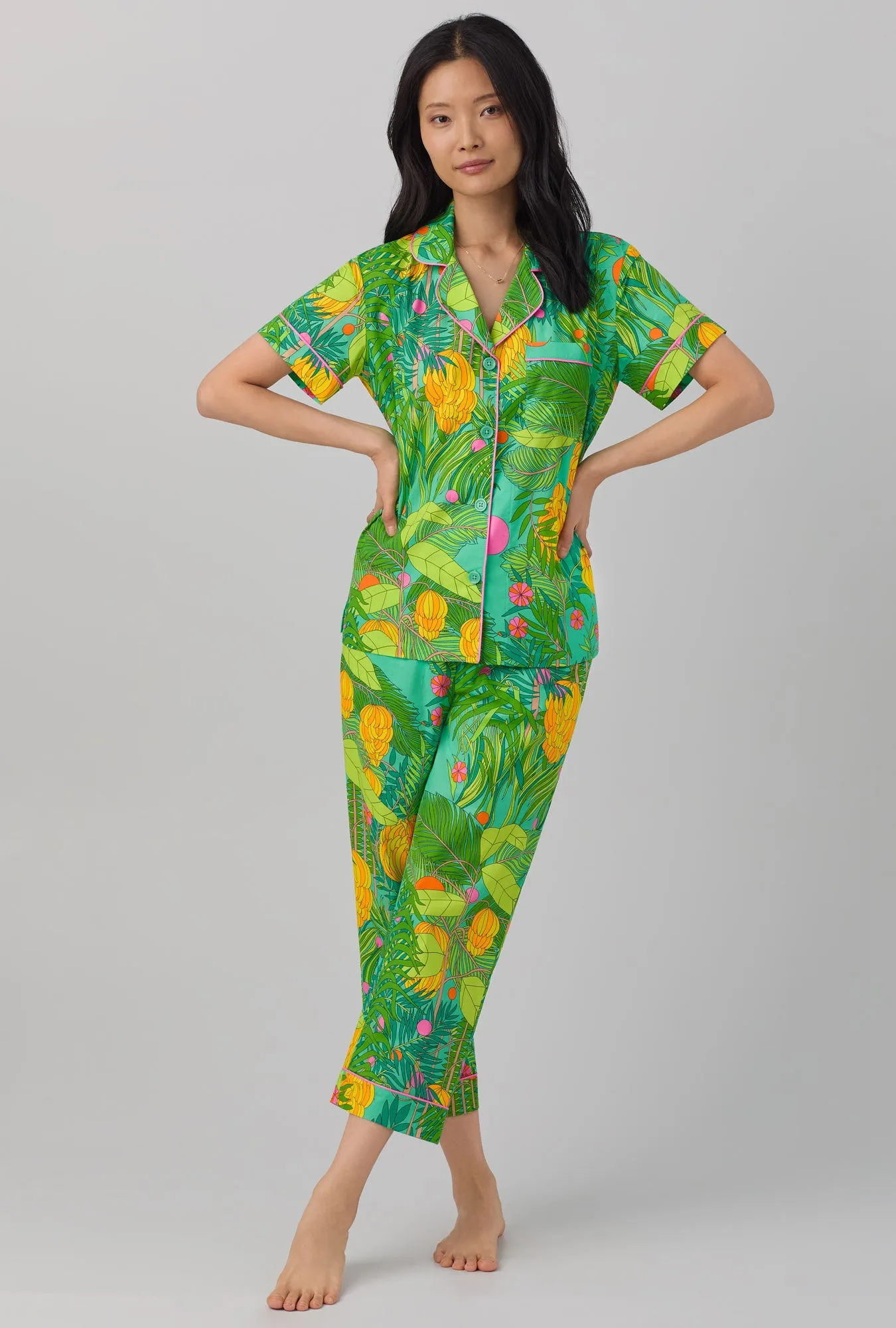 BedHead x Trina Turk Going Bananas Short Sleeve Classic Woven Cotton Poplin Cropped PJ Set sold by BedHead
