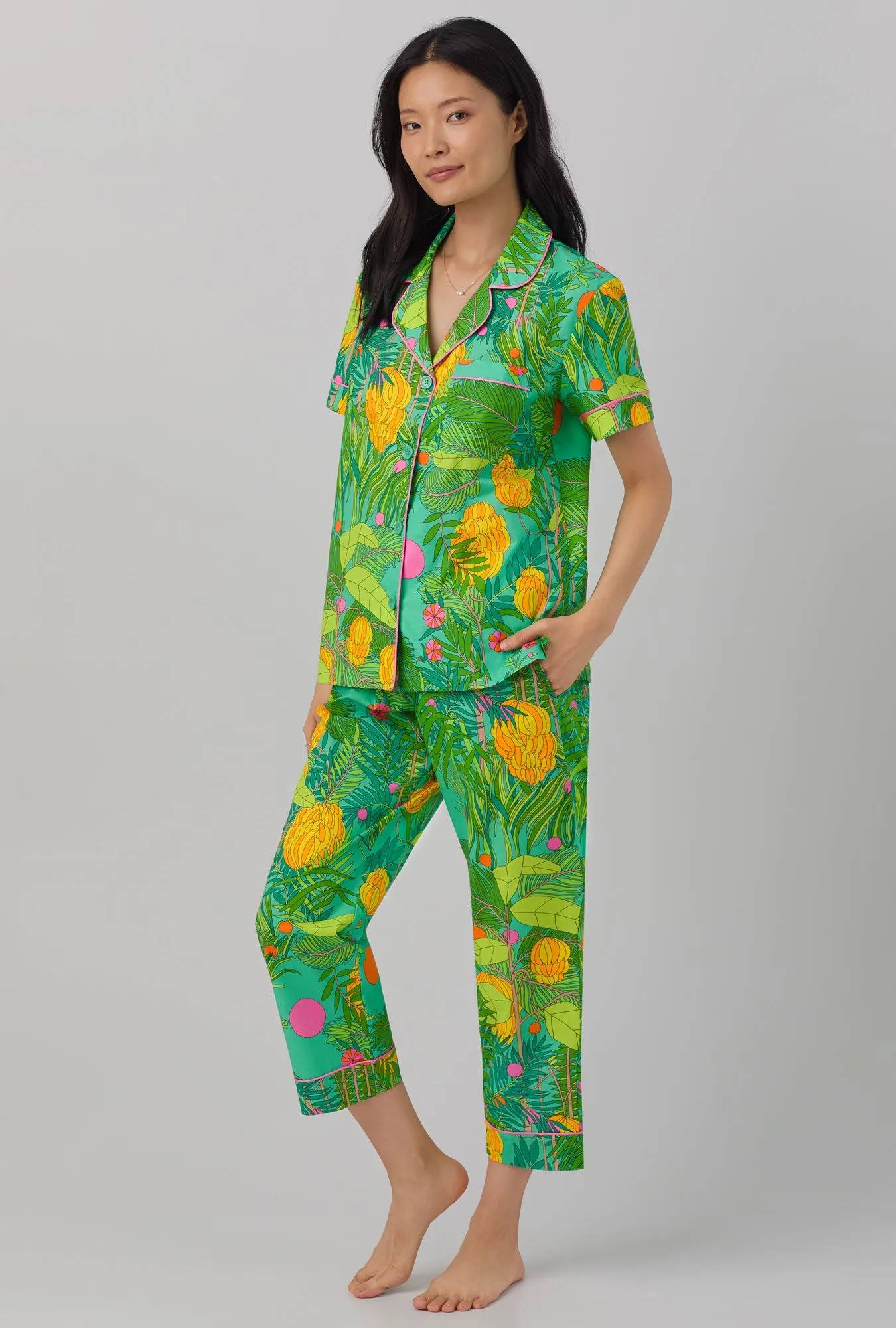 BedHead x Trina Turk Going Bananas Short Sleeve Classic Woven Cotton Poplin Cropped PJ Set sold by BedHead product image thumbnail 2