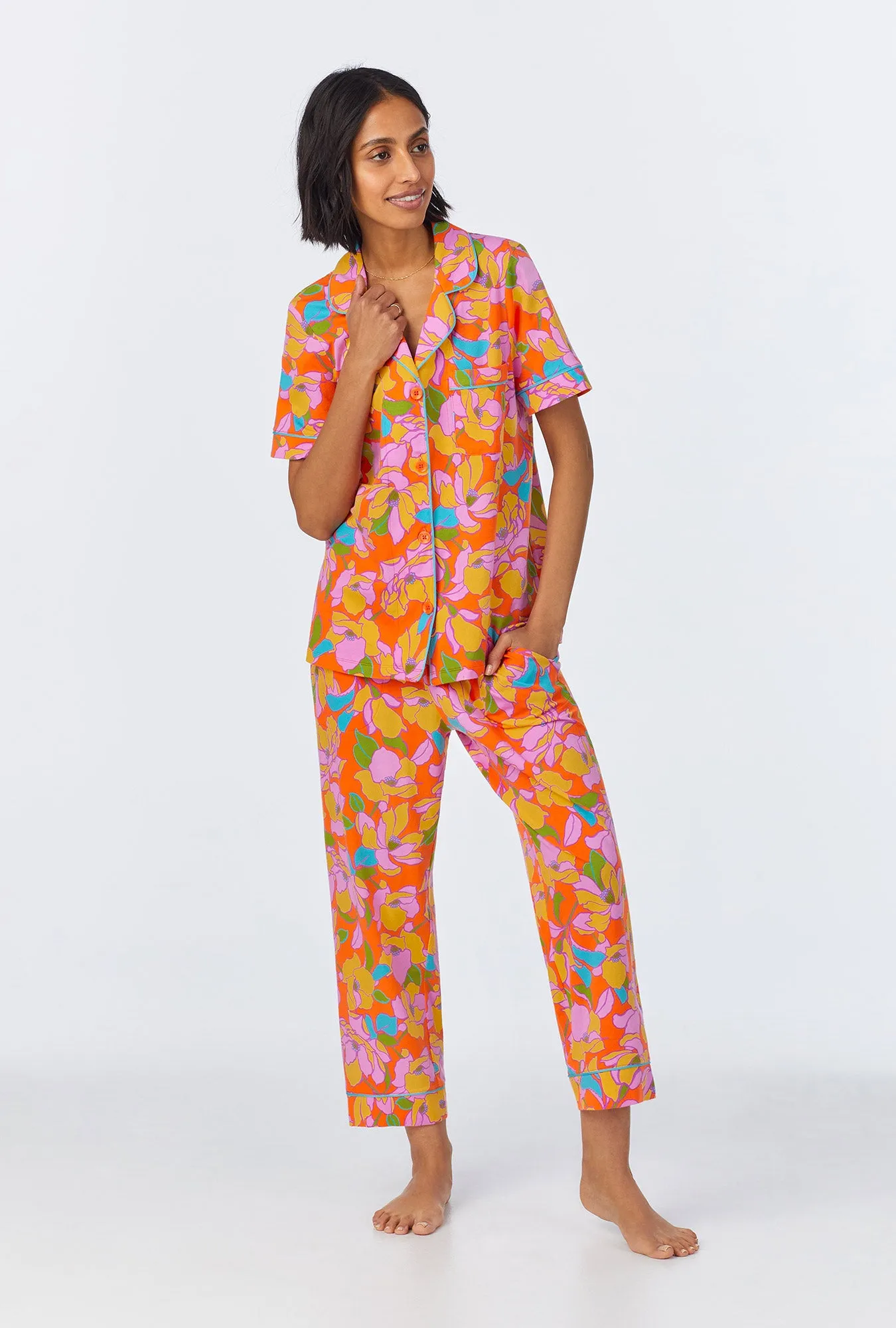 BedHead x Trina Turk Floral Short Sleeve Classic Cropped Stretch Jersey PJ Set sold by BedHead