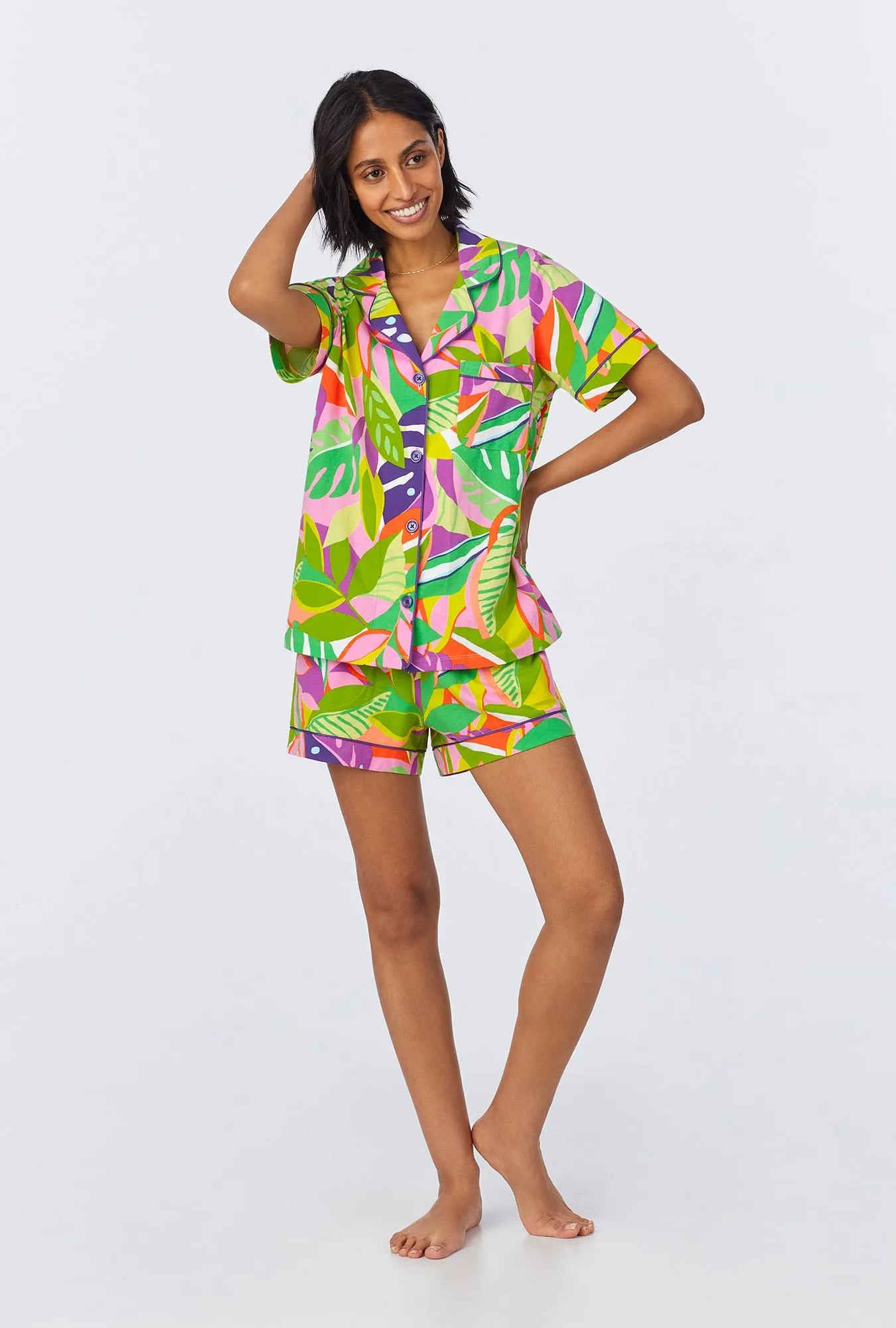 BedHead x Trina Turk Jungle Leaves Short Sleeve Classic Shorty Stretch Jersey PJ Set sold by BedHead