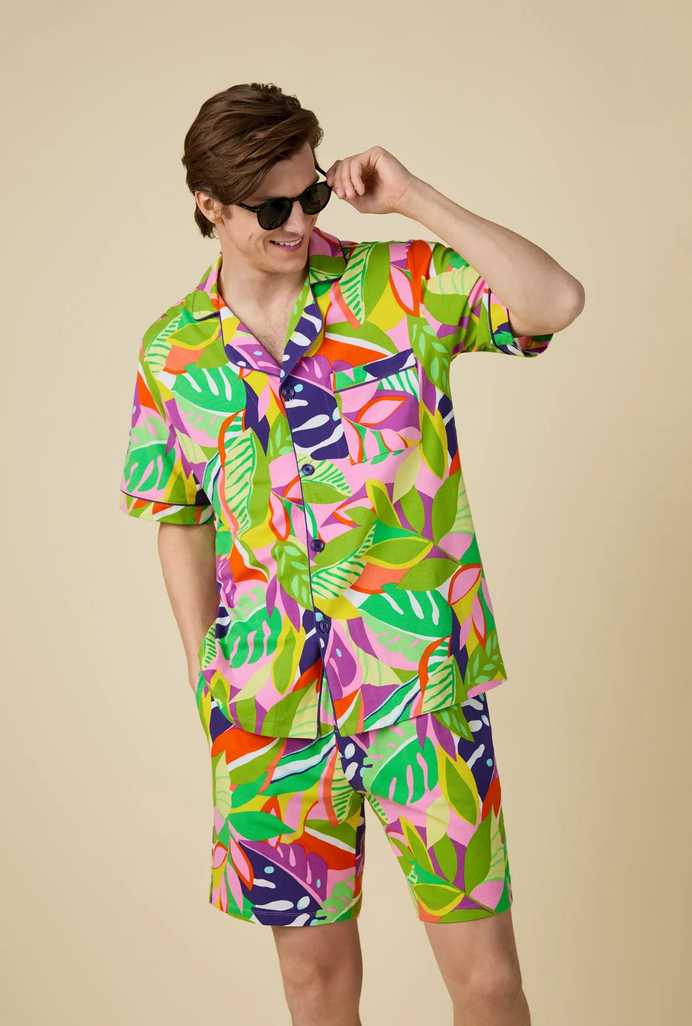 BedHead x Mr. Turk Jungle Leaves Men's Short Sleeve Notch Stretch Jersey Boxer PJ Set sold by BedHead product image thumbnail 2
