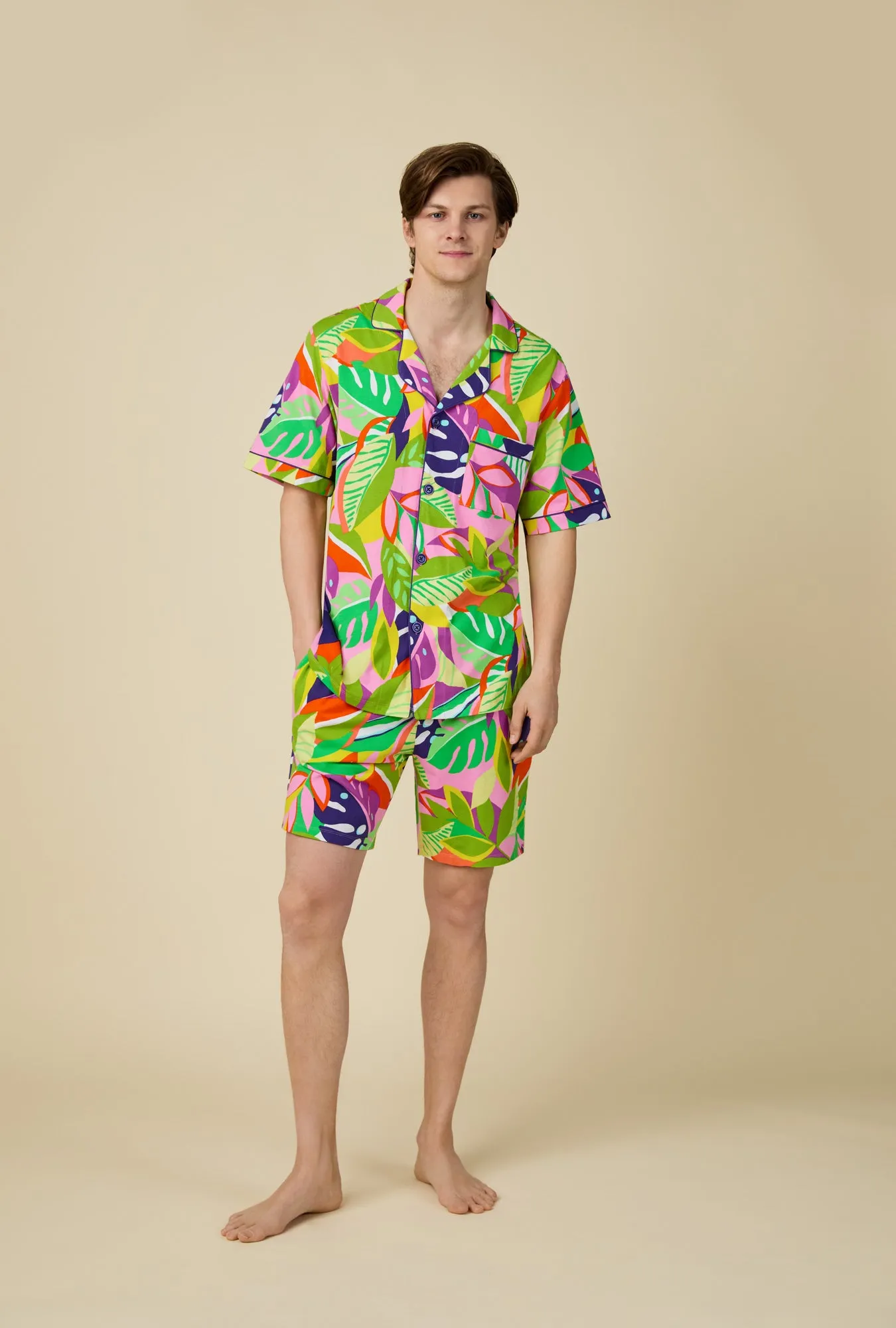 BedHead x Mr. Turk Jungle Leaves Men's Short Sleeve Notch Stretch Jersey Boxer PJ Set sold by BedHead