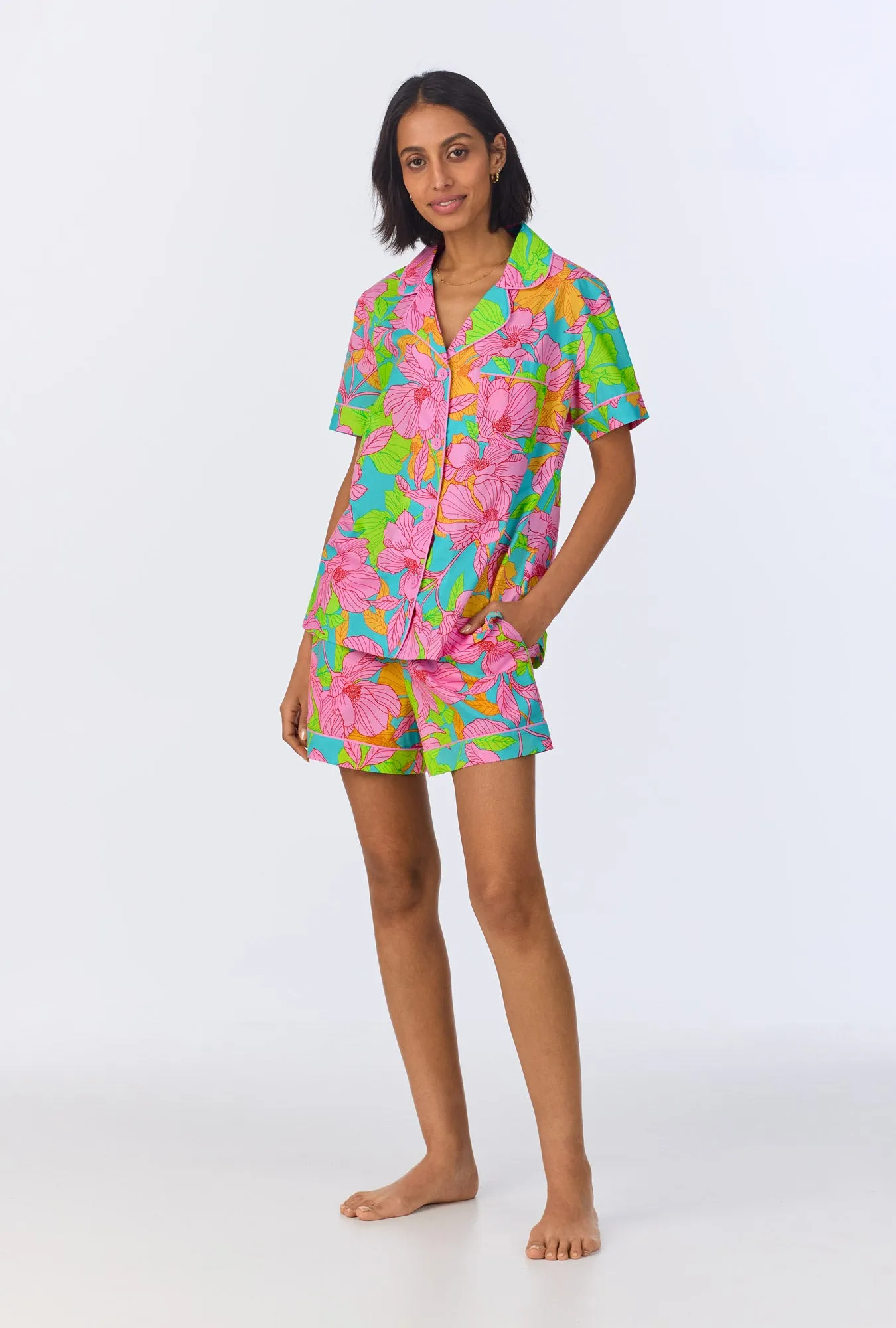 BedHead x Trina Turk Linear Floral Short Sleeve Classic Woven Cotton Poplin Shorty PJ Set sold by BedHead product image thumbnail 3