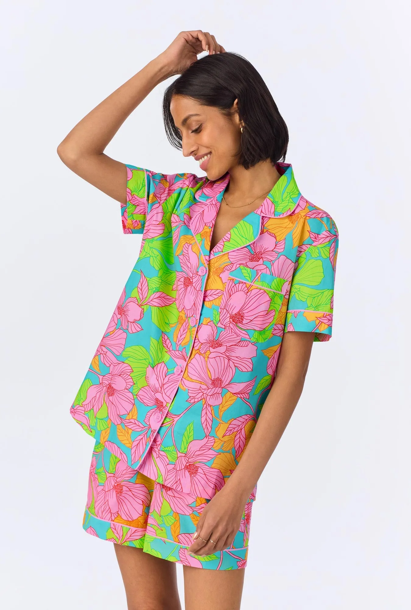 BedHead x Trina Turk Linear Floral Short Sleeve Classic Woven Cotton Poplin Shorty PJ Set sold by BedHead