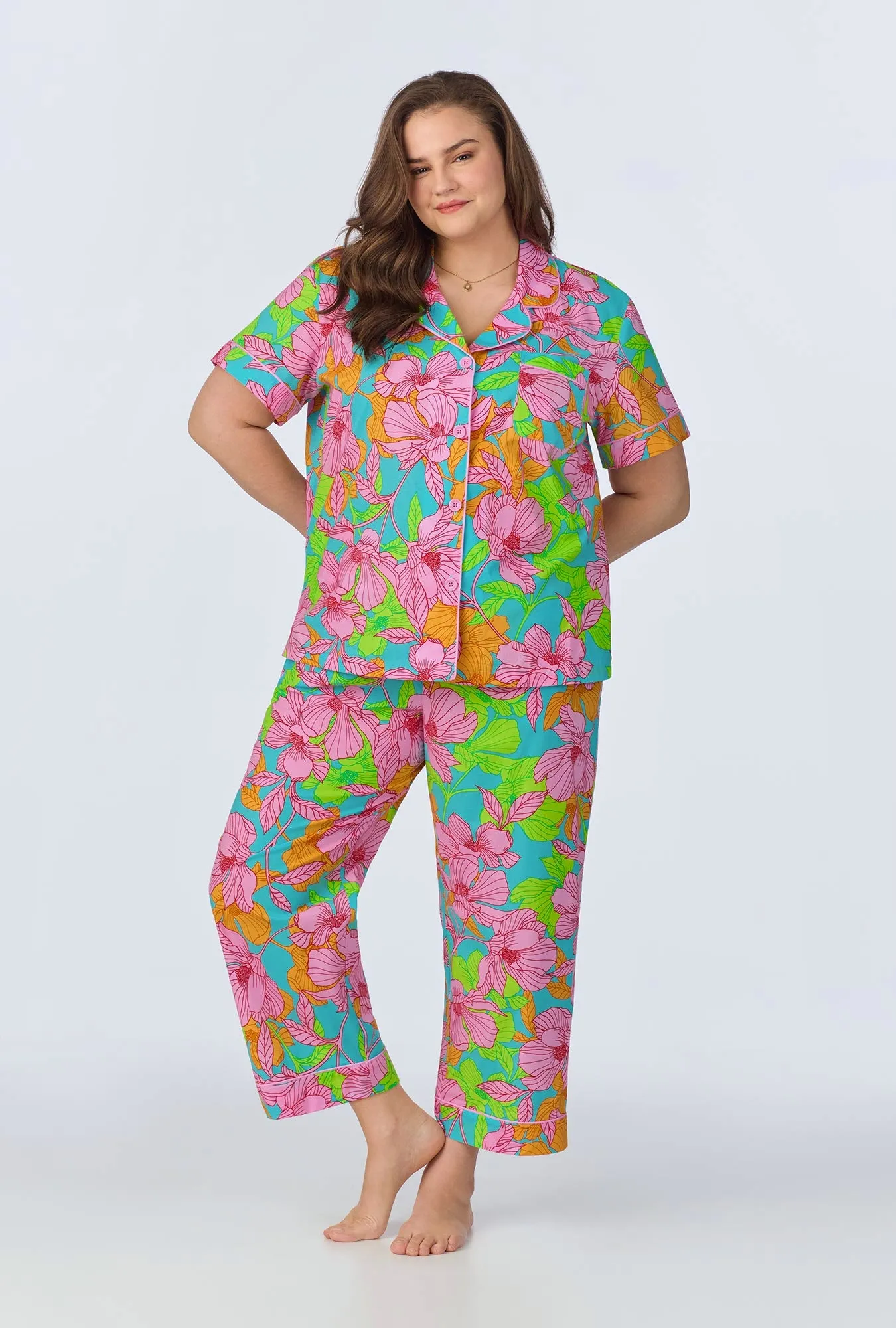 BedHead x Trina Turk Linear Floral Short Sleeve Classic Cropped Woven Cotton Poplin PJ Set sold by BedHead product image thumbnail 4