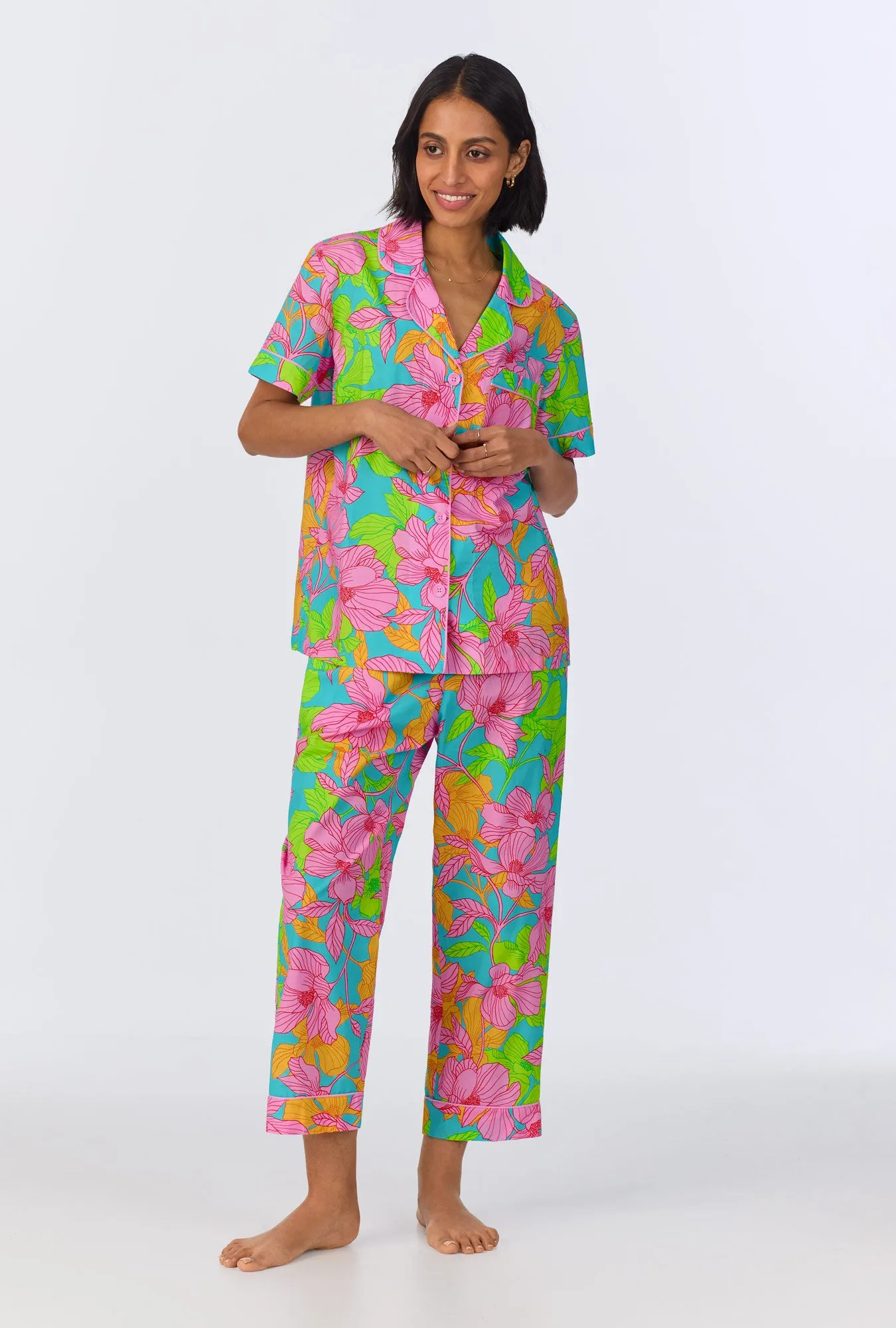 BedHead x Trina Turk Linear Floral Short Sleeve Classic Cropped Woven Cotton Poplin PJ Set sold by BedHead