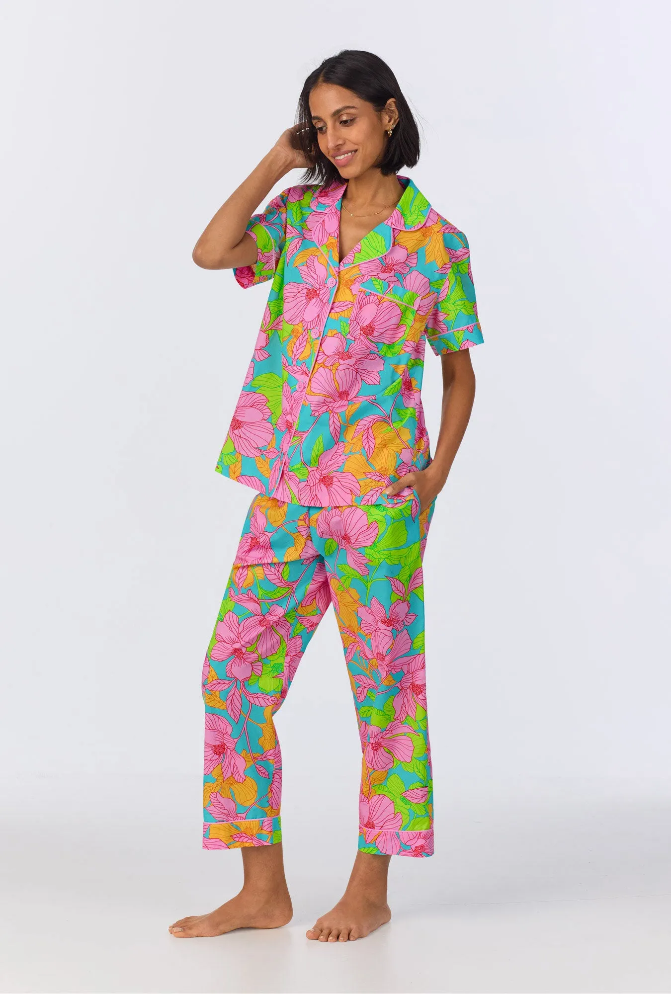 BedHead x Trina Turk Linear Floral Short Sleeve Classic Cropped Woven Cotton Poplin PJ Set sold by BedHead product image thumbnail 2