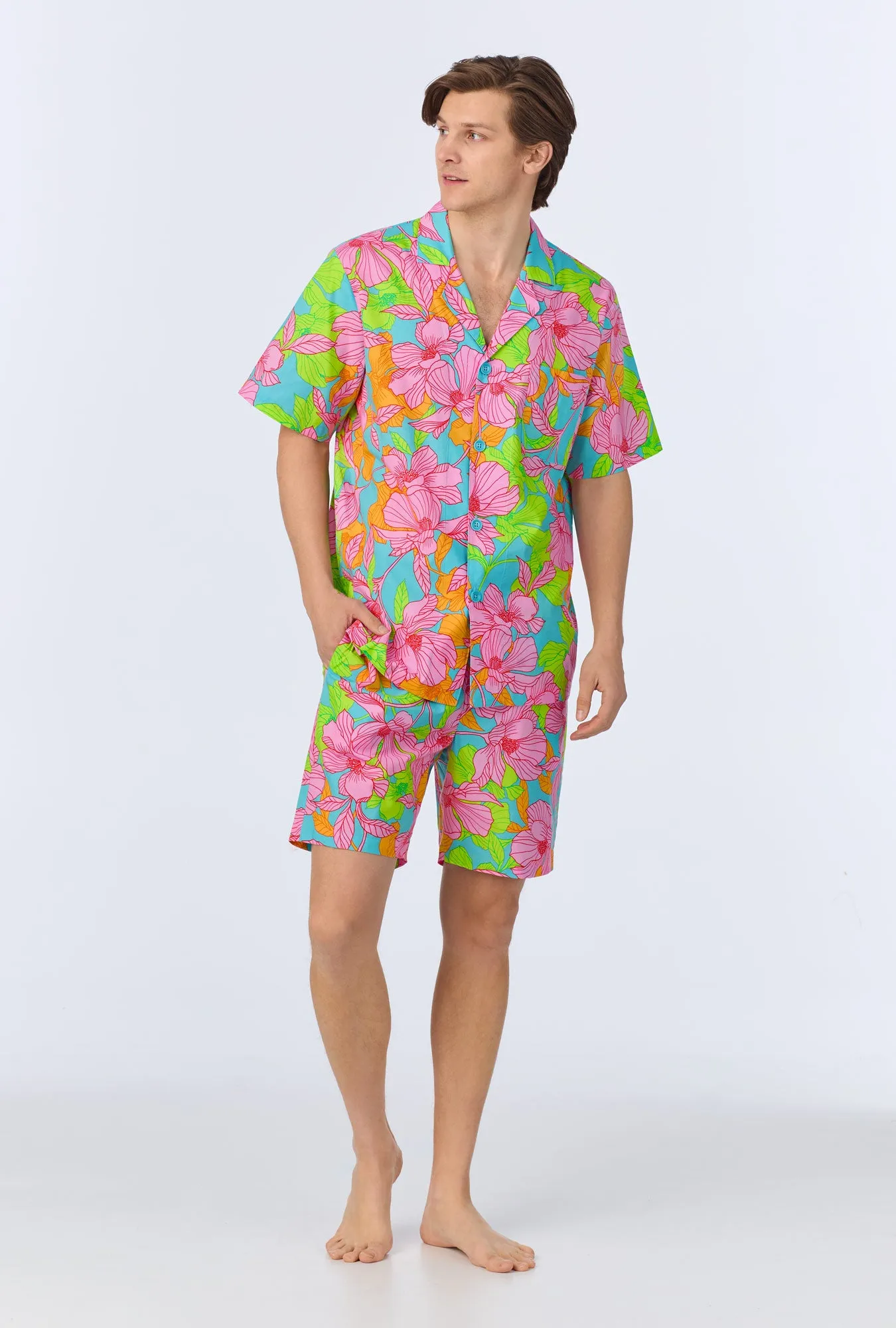 BedHead x Mr. Turk Linear Floral Men's Short Sleeve Notch Woven Cotton Poplin Boxer PJ Set sold by BedHead