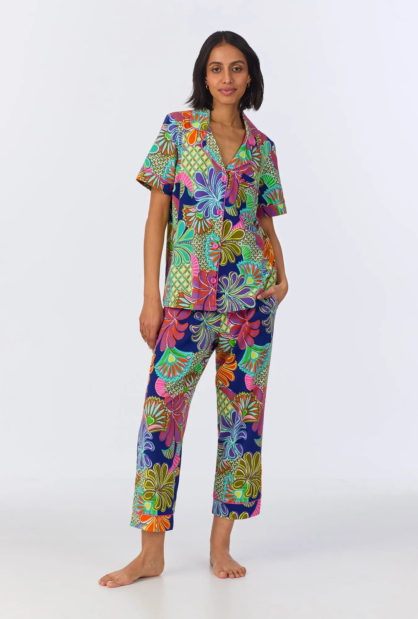 BedHead x Trina Turk Zanzibar Short Sleeve Classic Cropped Stretch Jersey PJ Set sold by BedHead