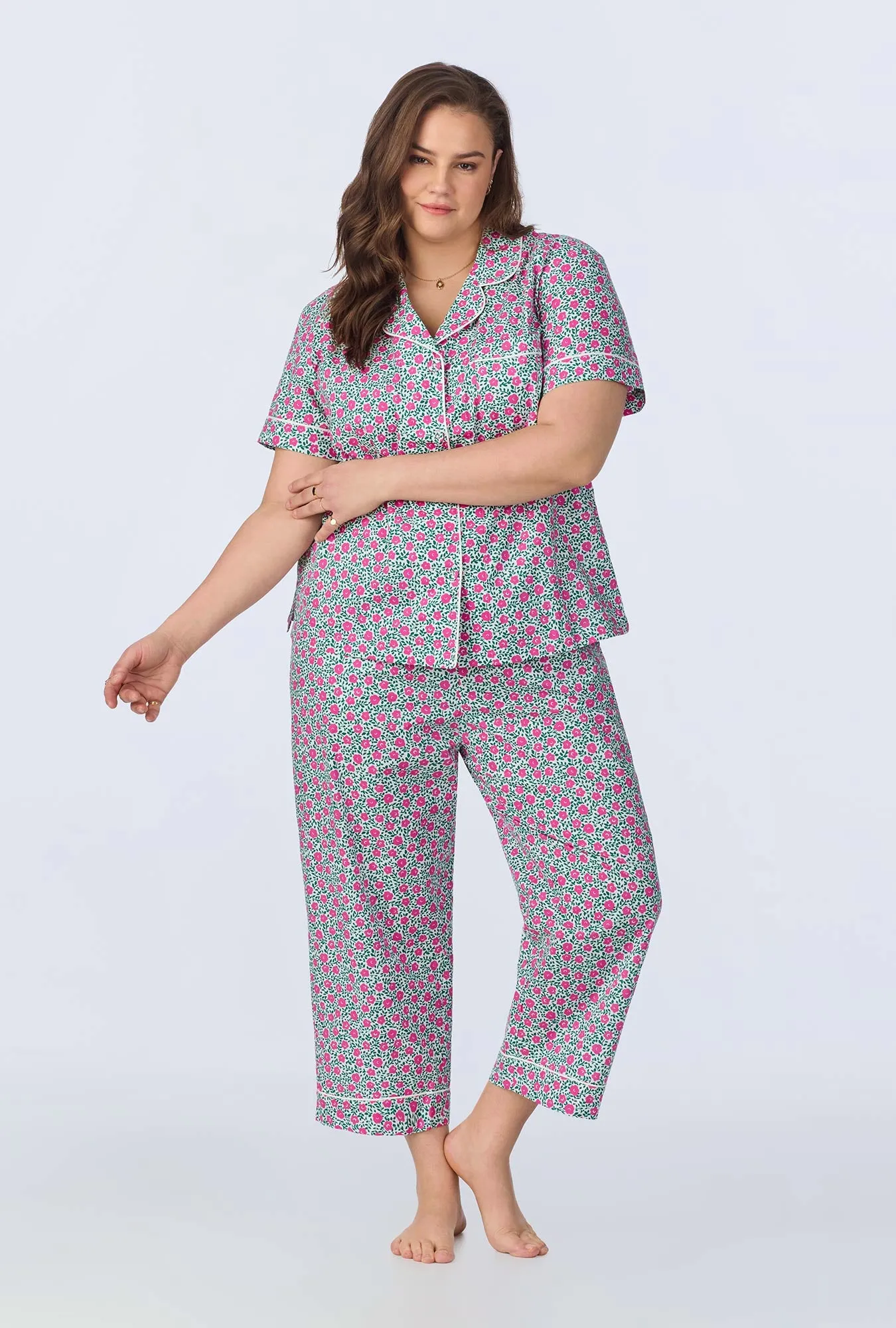 Petite Petunias Short Sleeve Classic Woven Cotton Poplin Cropped PJ Set sold by BedHead product image thumbnail 4