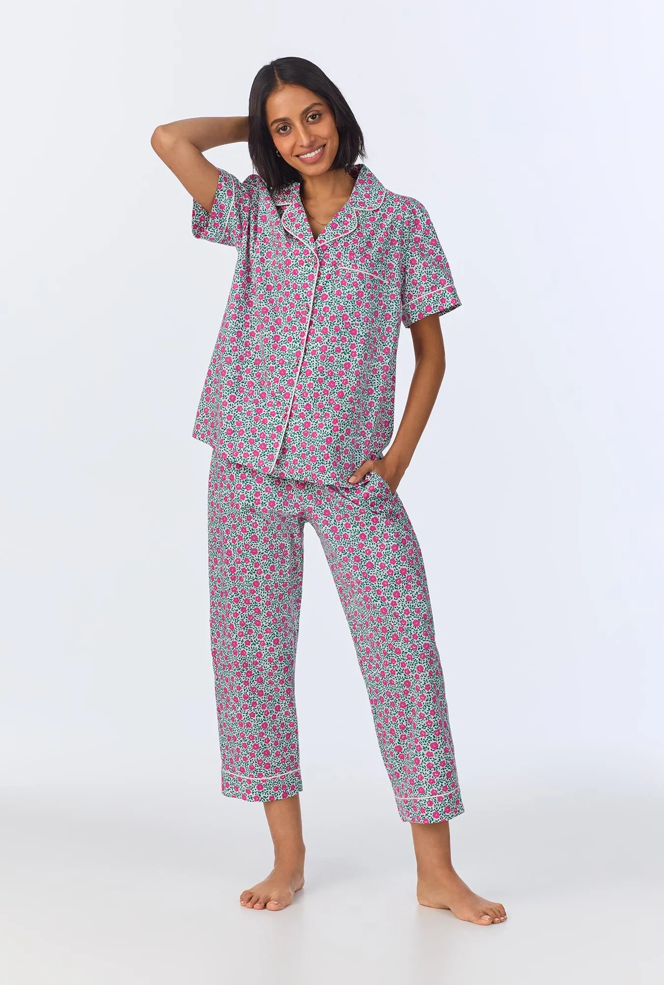 Petite Petunias Short Sleeve Classic Woven Cotton Poplin Cropped PJ Set sold by BedHead