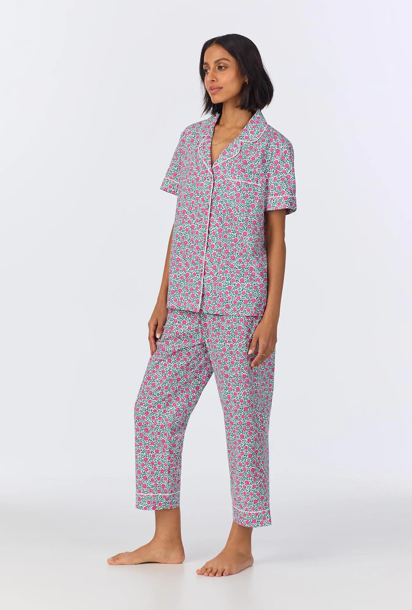 Petite Petunias Short Sleeve Classic Woven Cotton Poplin Cropped PJ Set sold by BedHead product image thumbnail 2