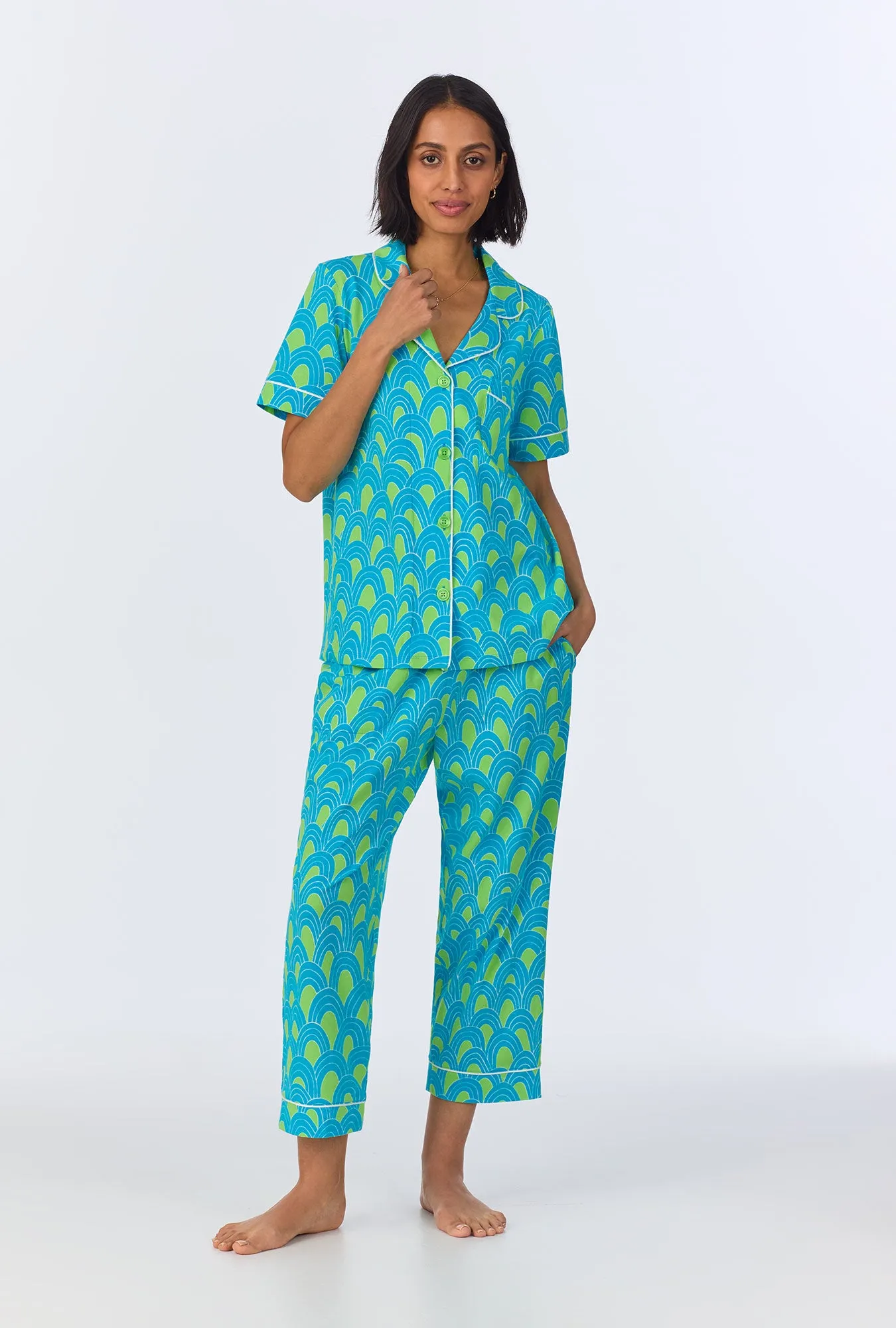 BedHead x Trina Turk Geo Arches Short Sleeve Classic Cropped Stretch Jersey PJ Set sold by BedHead