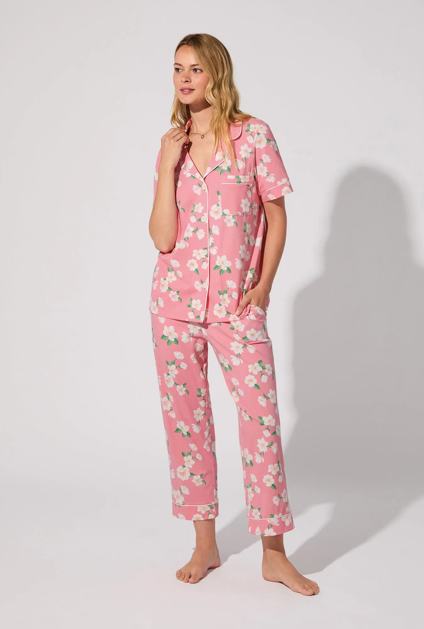 Pink Magnolias Short Sleeve Classic Stretch Jersey Cropped PJ Set sold by BedHead product image thumbnail 3