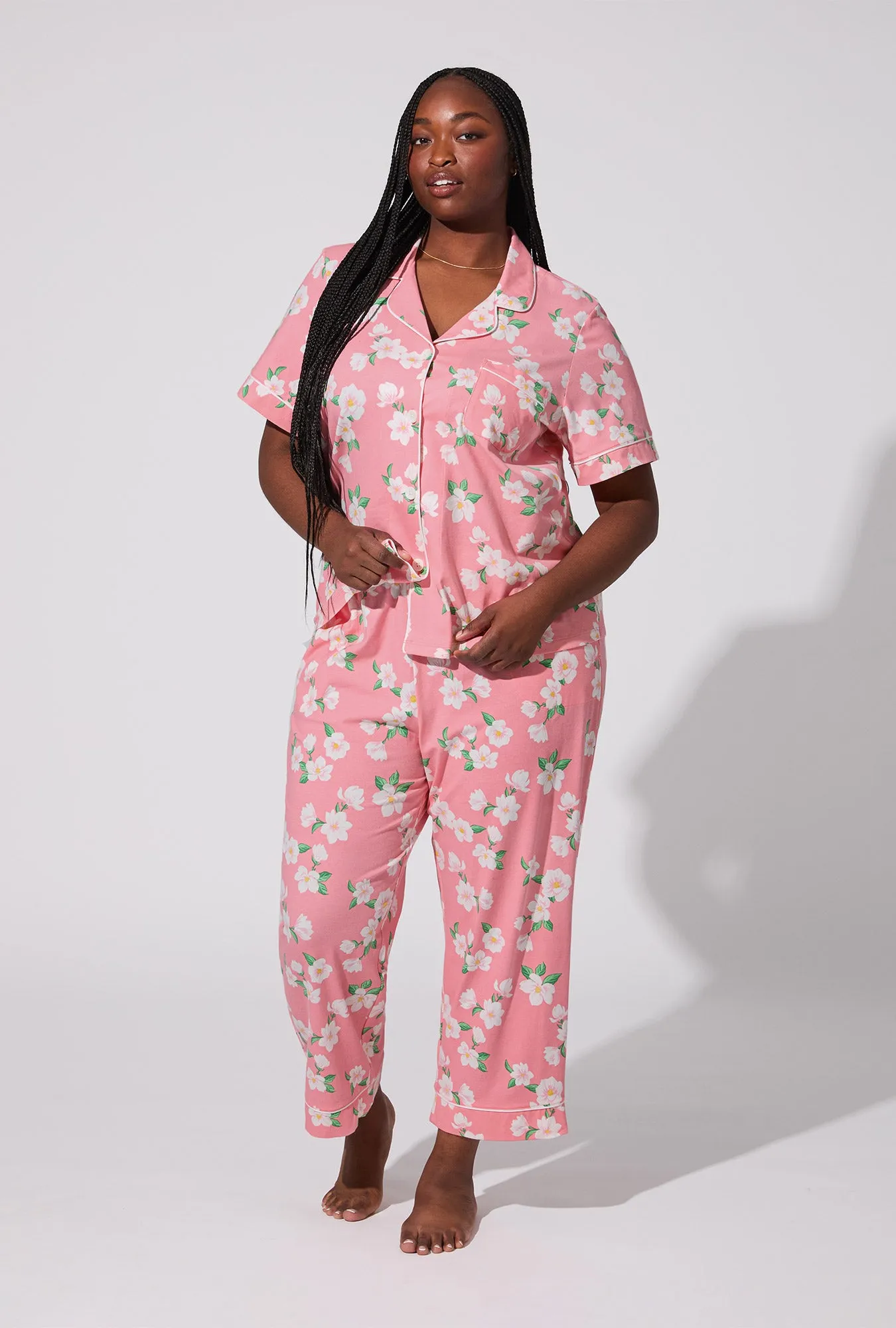 Pink Magnolias Short Sleeve Classic Stretch Jersey Cropped PJ Set sold by BedHead product image thumbnail 5